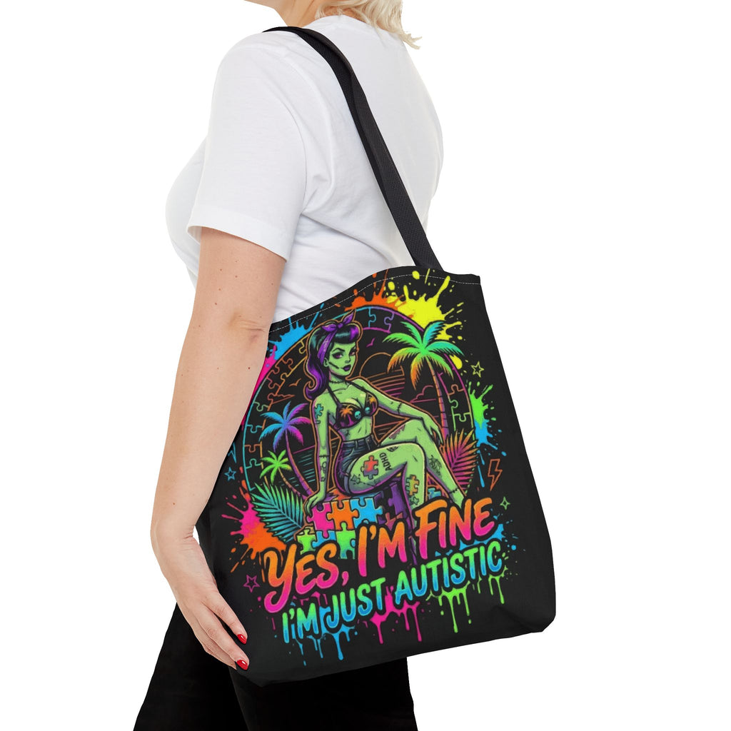 Autistic Pride Tote Bag — “Yes, I’m Fine, I’m Just Autistic” Neon Pinup Tote