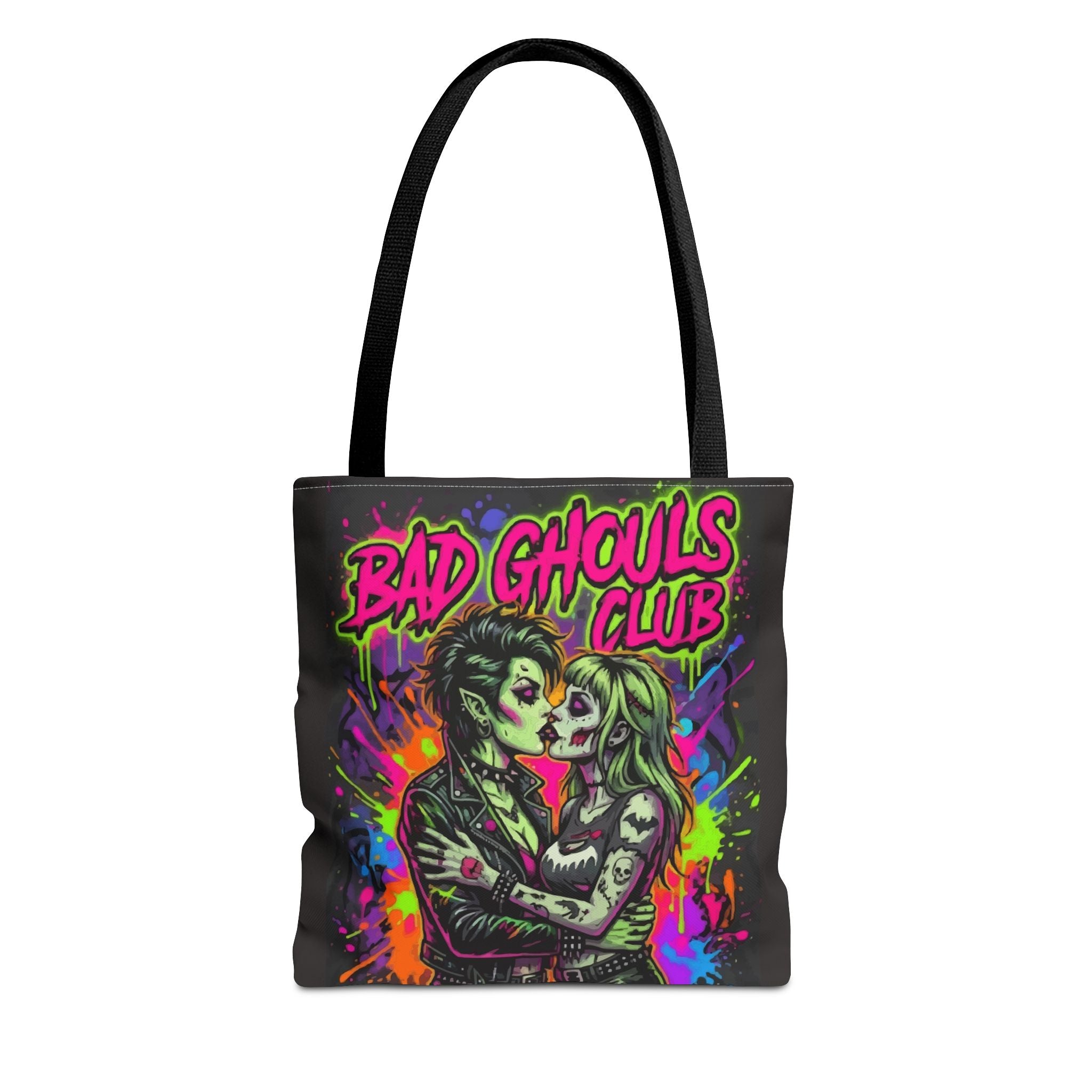Bad Ghouls Club Tote Bag — Neon Goth Zombie Couple Graphic Tote