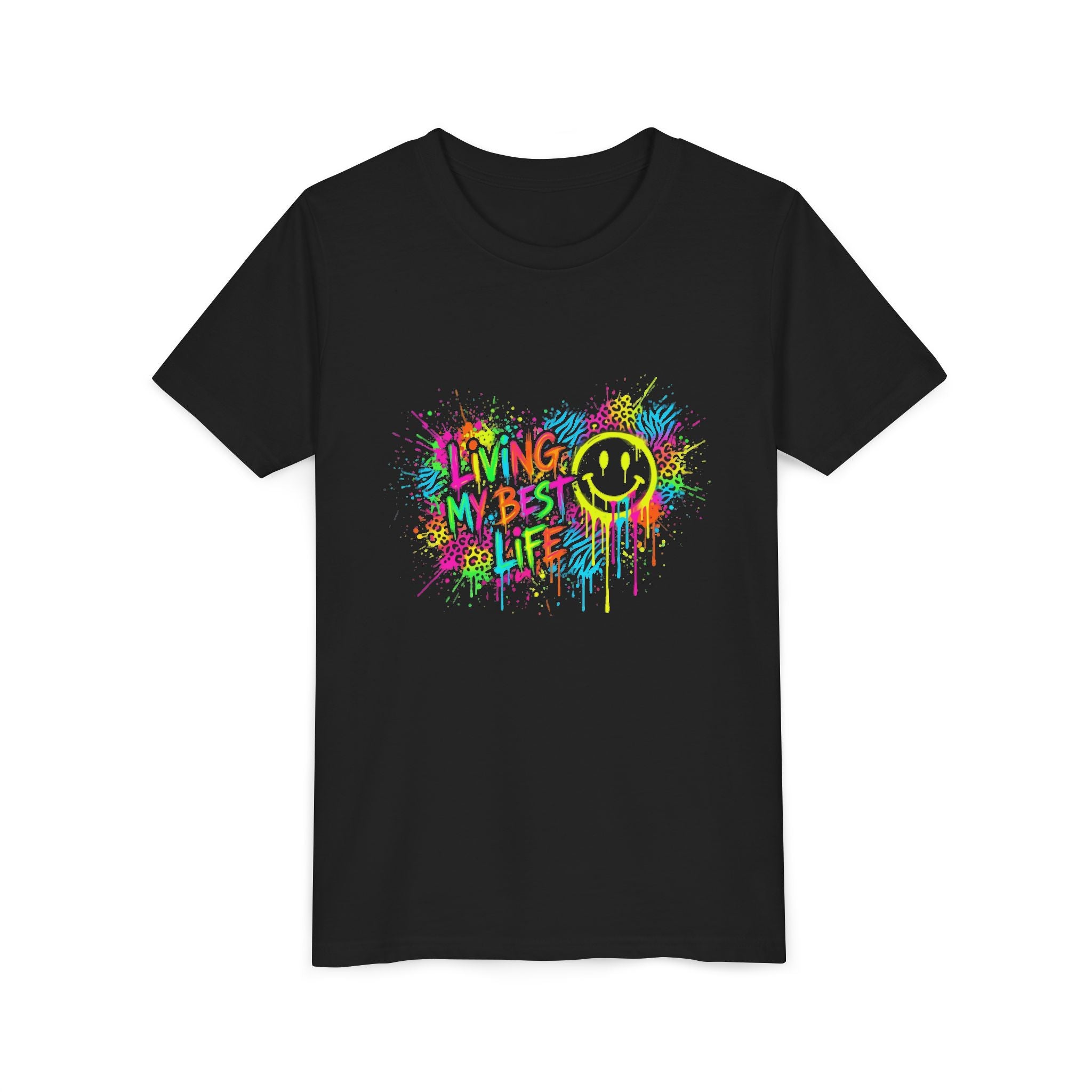 Youth Tee — 'Living My Best Life' Neon Paint Smiley Graphic