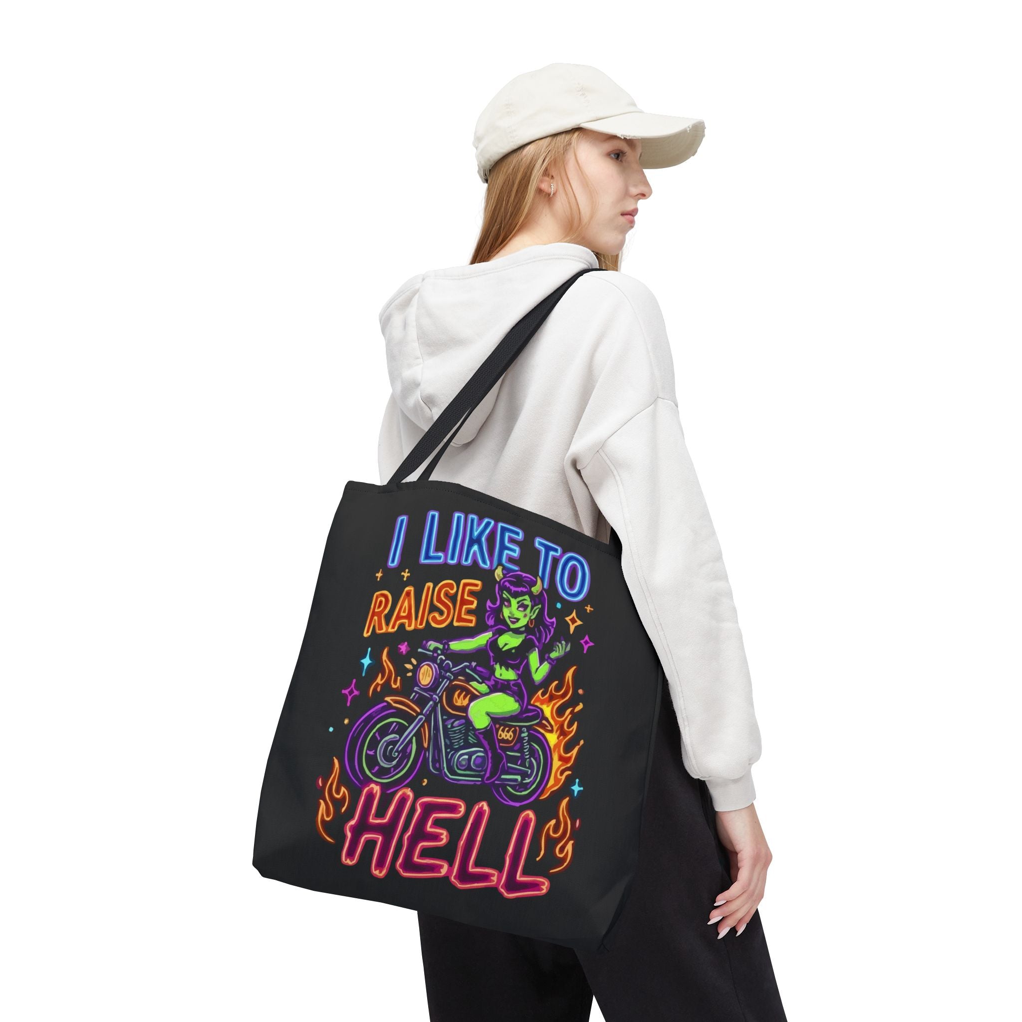 I Like to Raise Hell Motorcycle Tote Bag — Neon Biker Cat Graphic