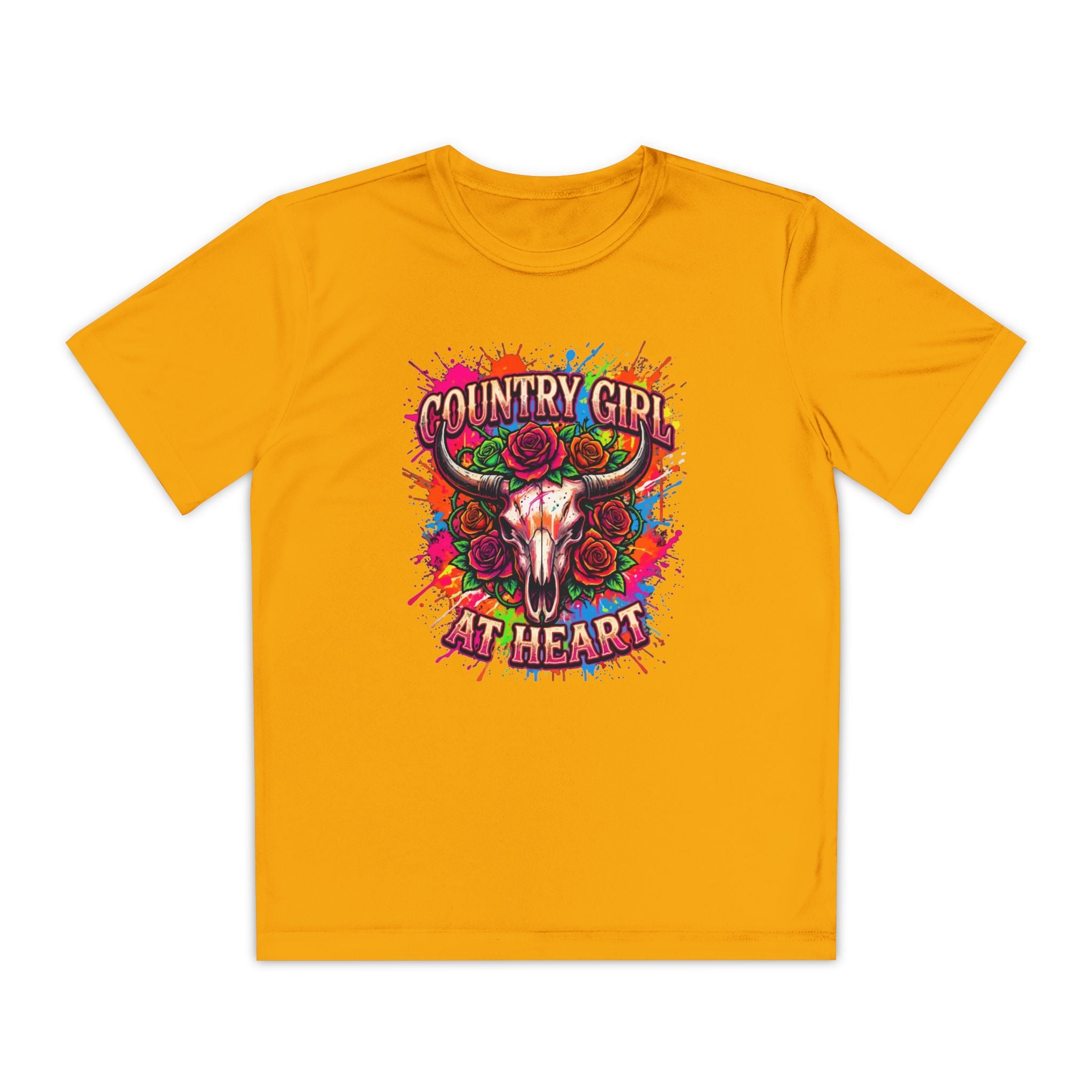 Youth T-Shirt — "Country Girl at Heart" Floral Bull Skull Graphic