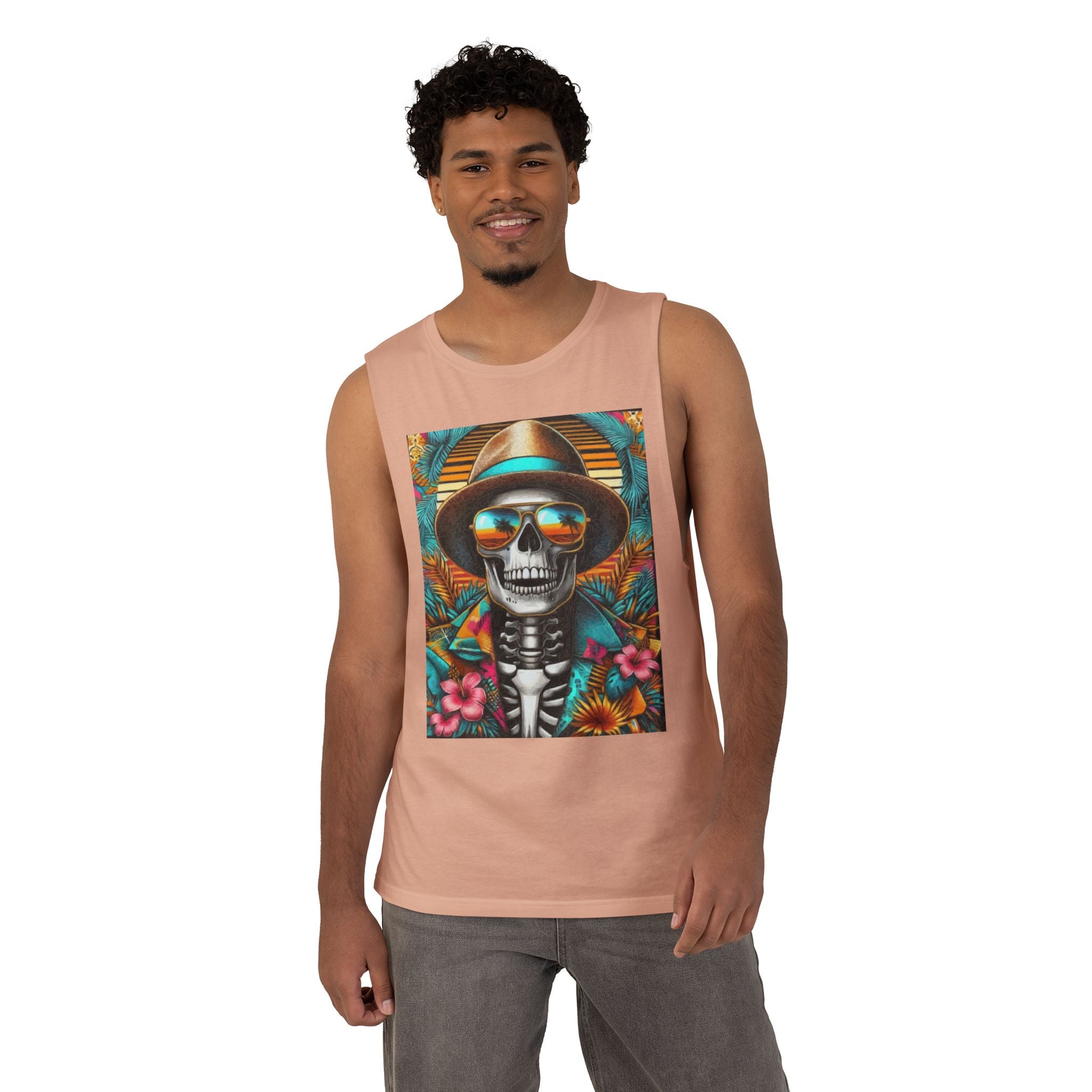 Skeleton Sun Hat Tank Top — Tropical Day of the Dead Skull Graphic Tank