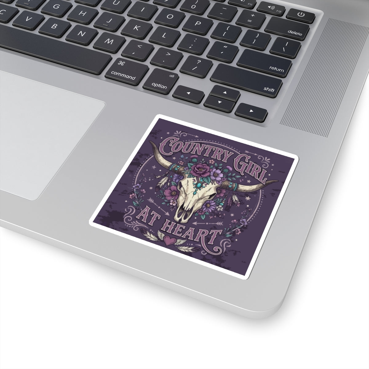 Country Girl At Heart Sticker — Floral Bull Skull Kiss-Cut Sticker