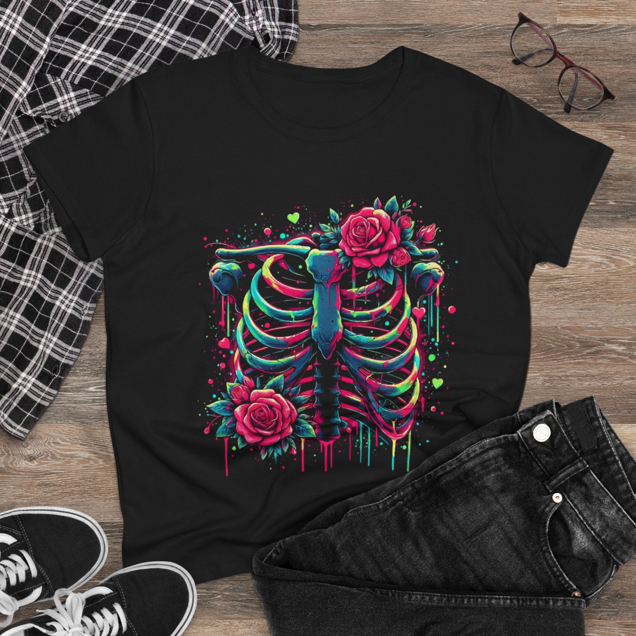 Women's Tee — Neon Ribcage with Roses Graphic