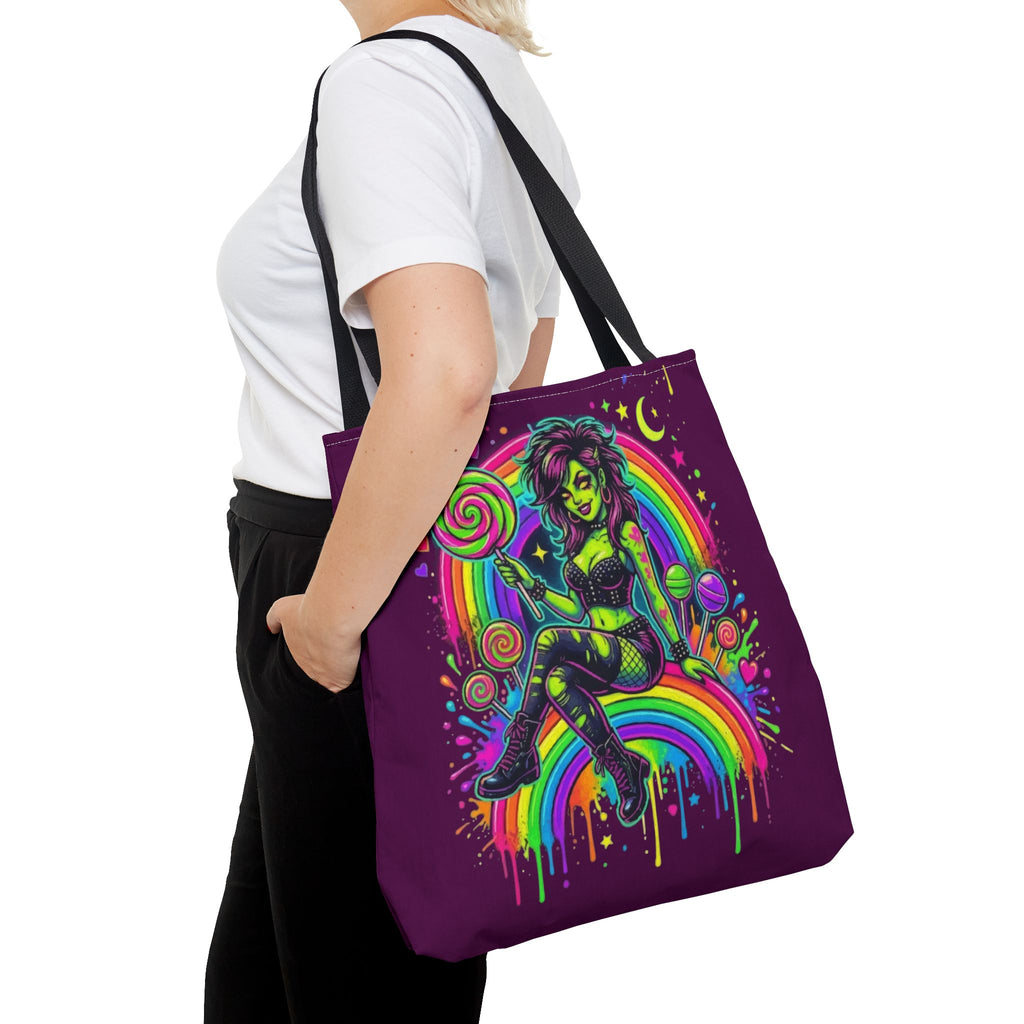 Neon Pinup Witch Rainbow Tote Bag — Candy Goth All-Over Print