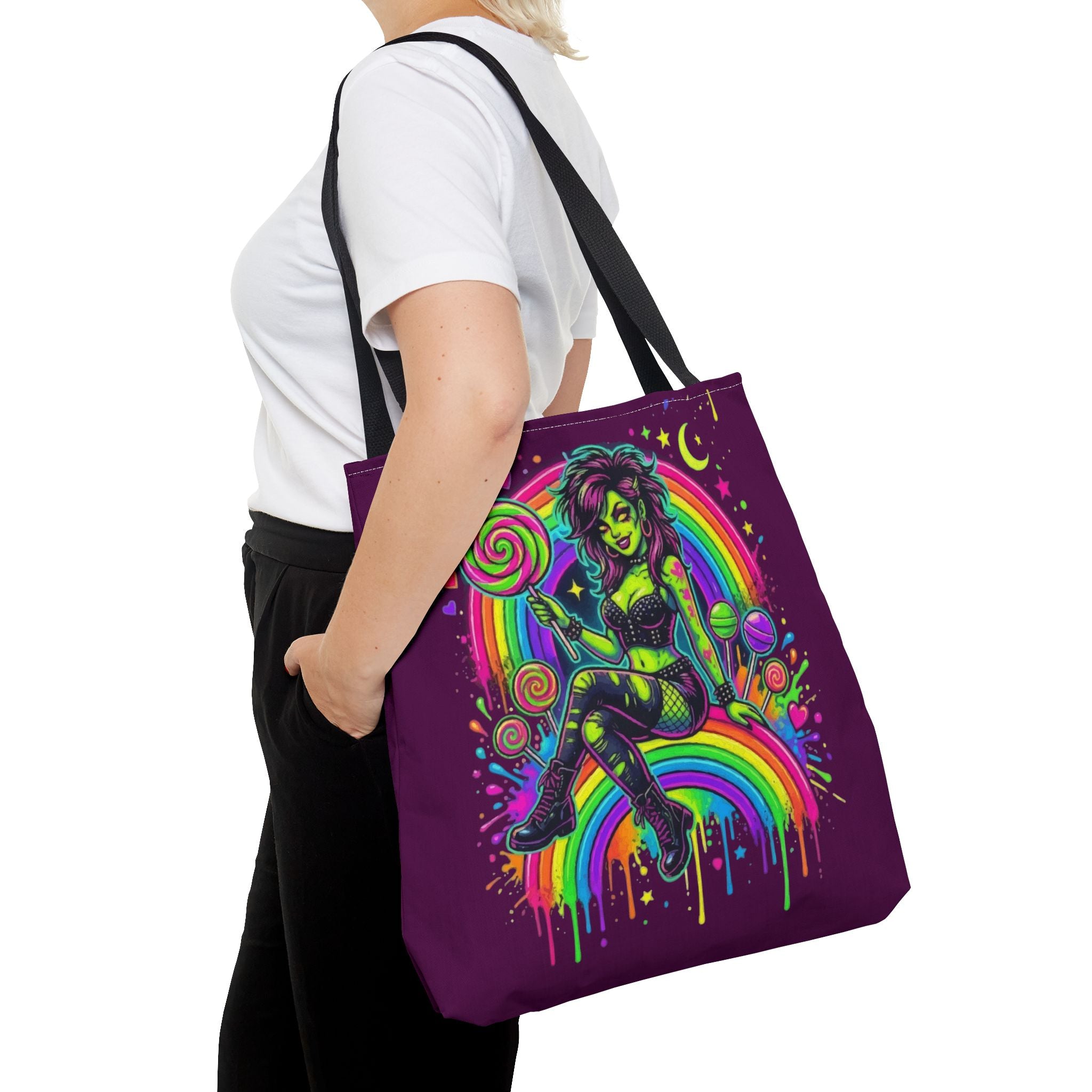 Neon Pinup Witch Rainbow Tote Bag — Candy Goth All-Over Print