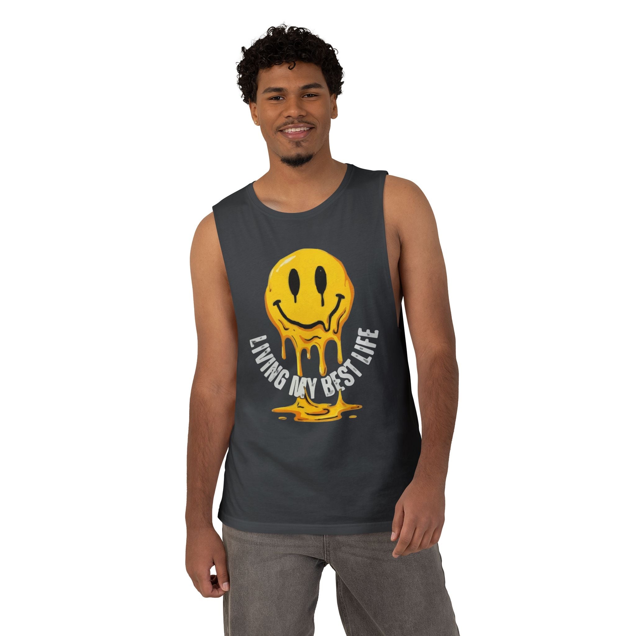 Melting Smile Tank Top — "Living My Best Life" Graphic Muscle Tee