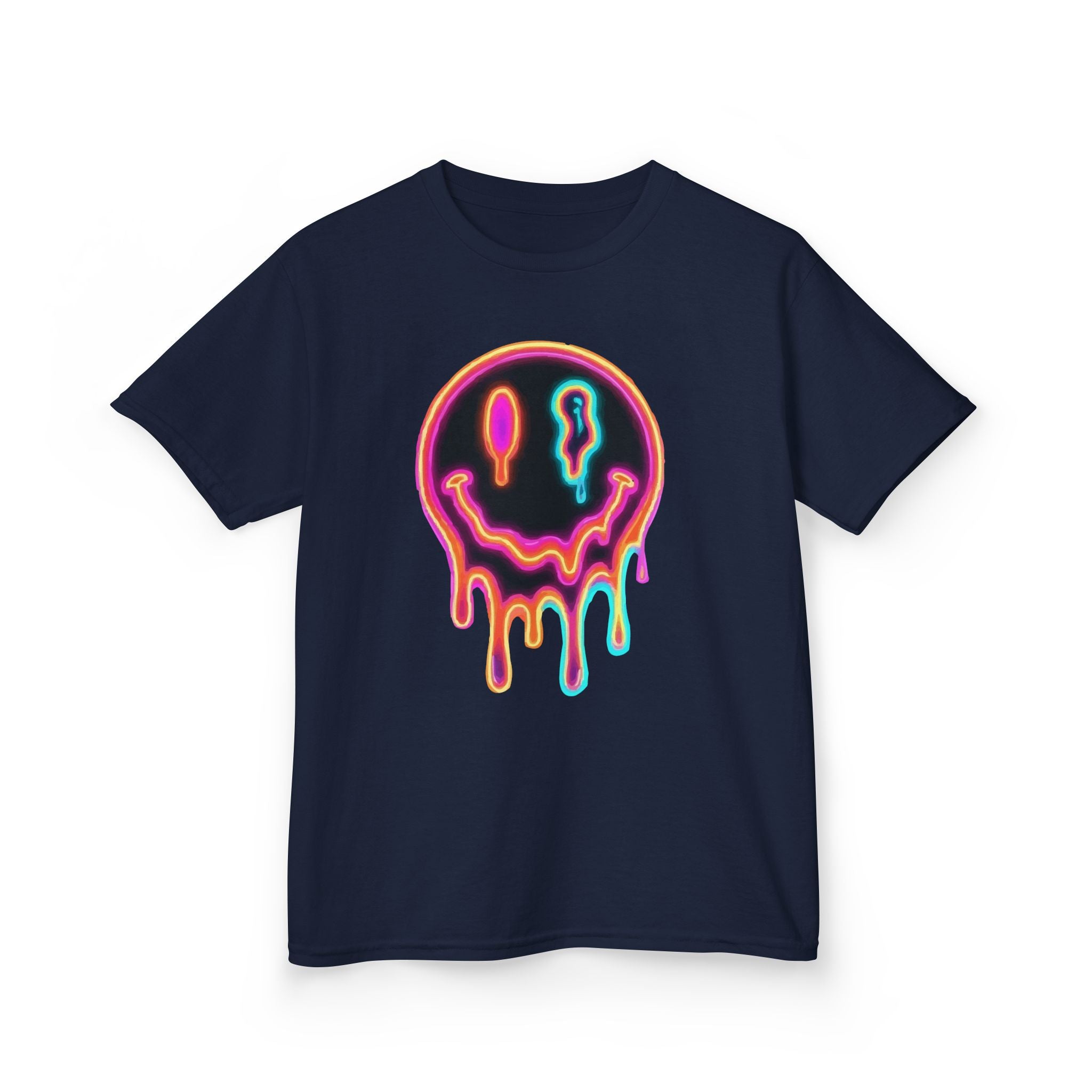 Kids Neon Drip Smiley T-Shirt — Colorful Melting Emoji Tee for Boys & Girls