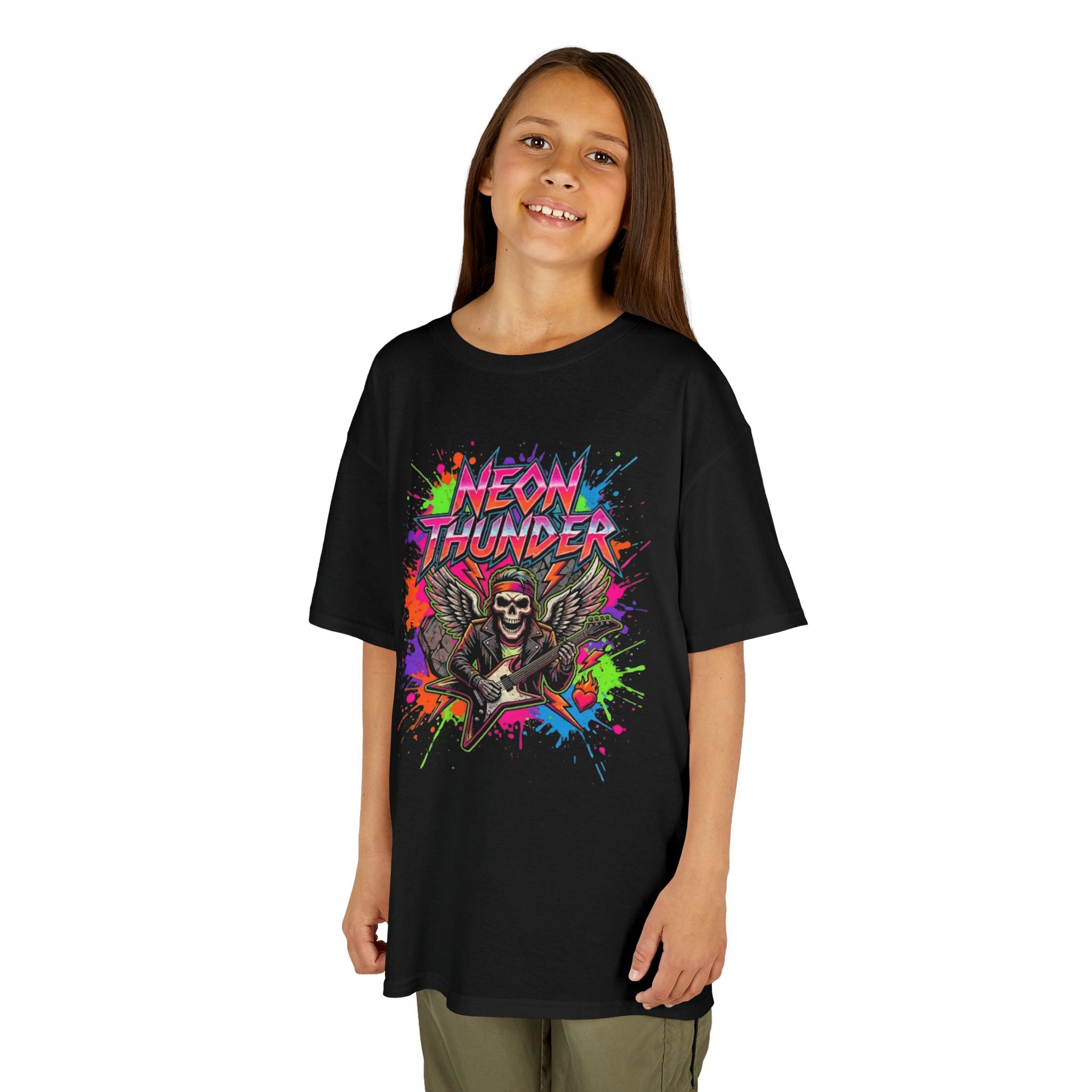 Kids T-Shirt — "Neon Thunder" Skull Guitar Graphic Tee