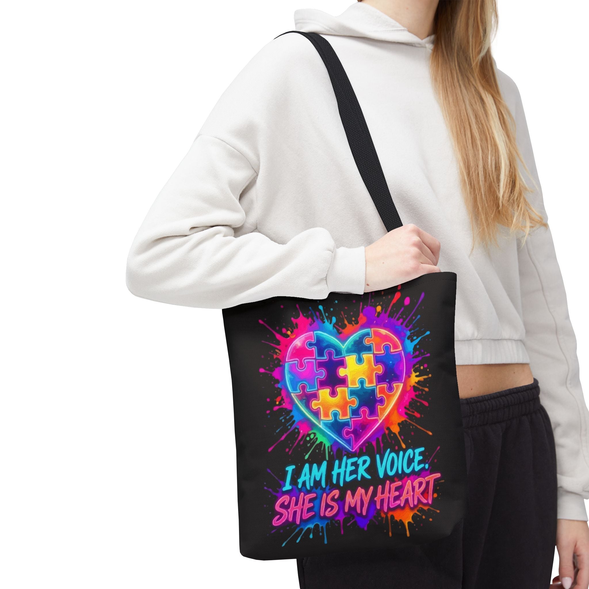 Autism Awareness Heart Tote Bag — "I Am Her Voice, She Is My Heart" Colorful Puzzle Design