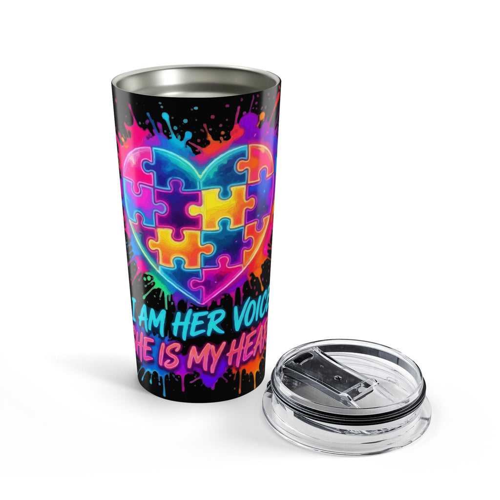 Autism Puzzle Heart 20oz Tumbler - "I Am Her Voice, She Is My Heart" Neon Travel Mug