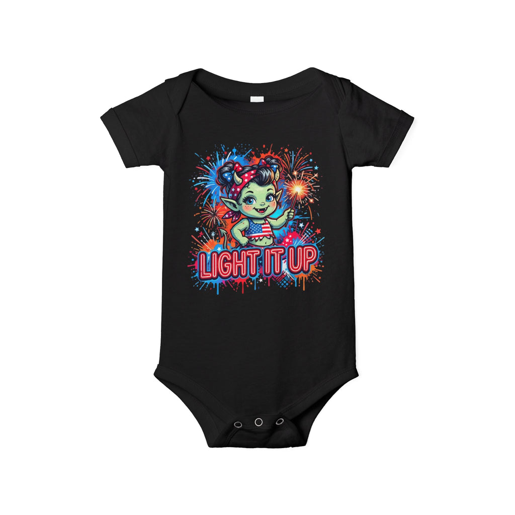 Baby Onesie "Light It Up" Patriotic Firework Elf Graphic Infant Bodysuit