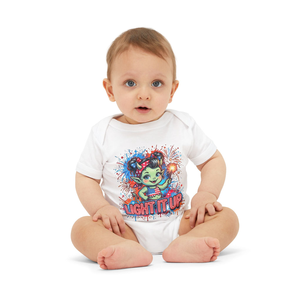 Baby Onesie "Light It Up" Patriotic Firework Elf Graphic Infant Bodysuit