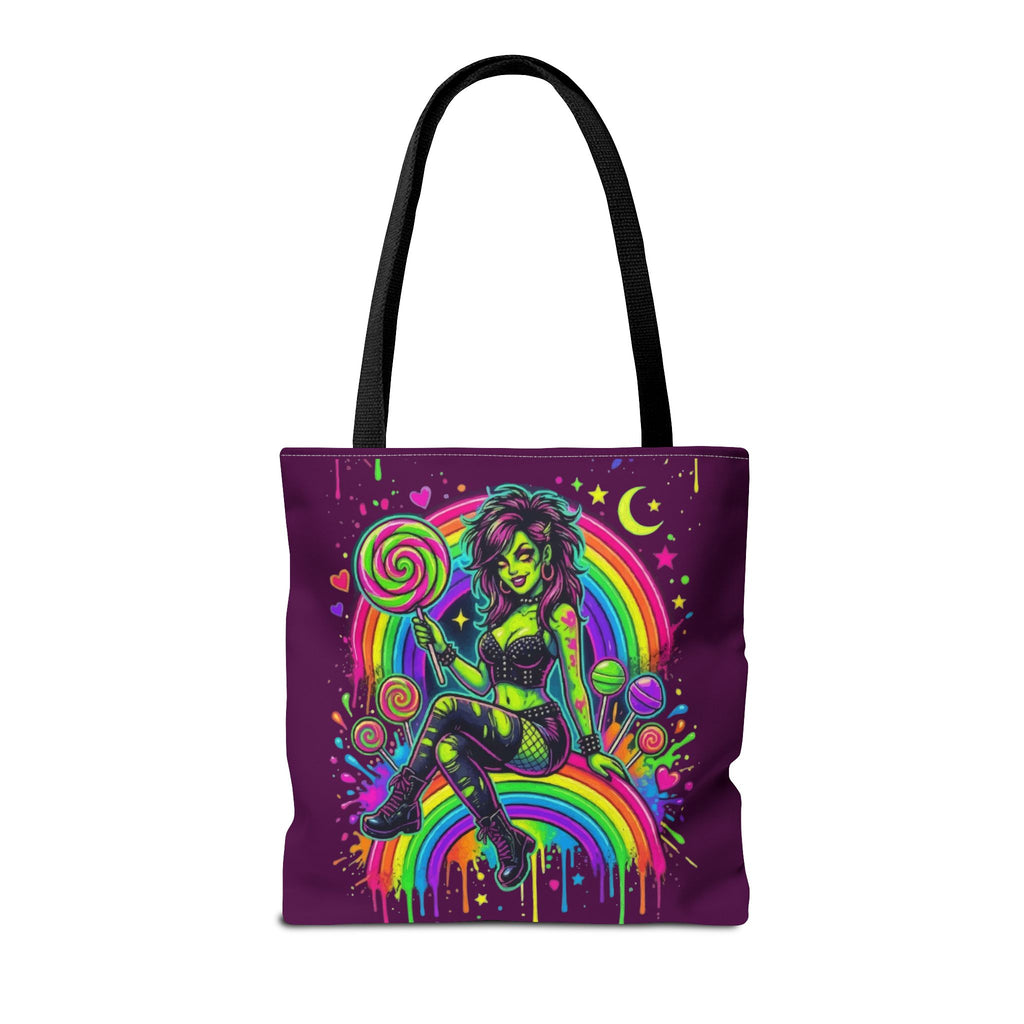 Neon Pinup Witch Rainbow Tote Bag — Candy Goth All-Over Print