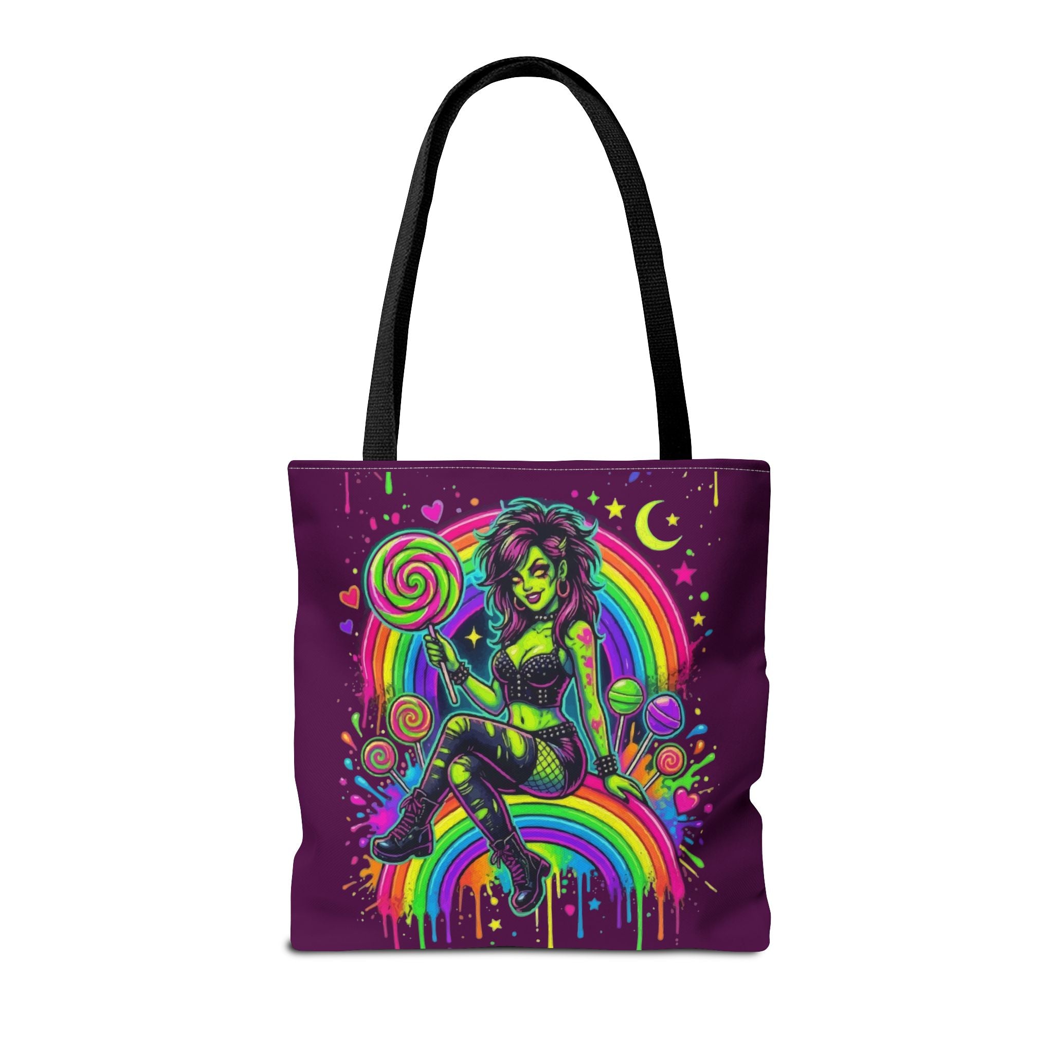 Neon Pinup Witch Rainbow Tote Bag — Candy Goth All-Over Print