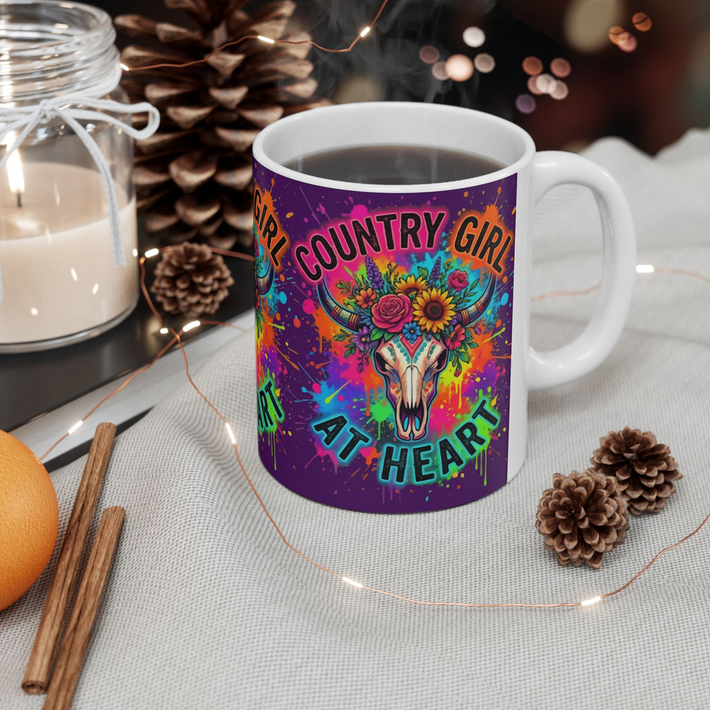 Country Girl At Heart Ceramic Mug — Colorful Floral Cow Skull Coffee Cup (11oz, 15oz)