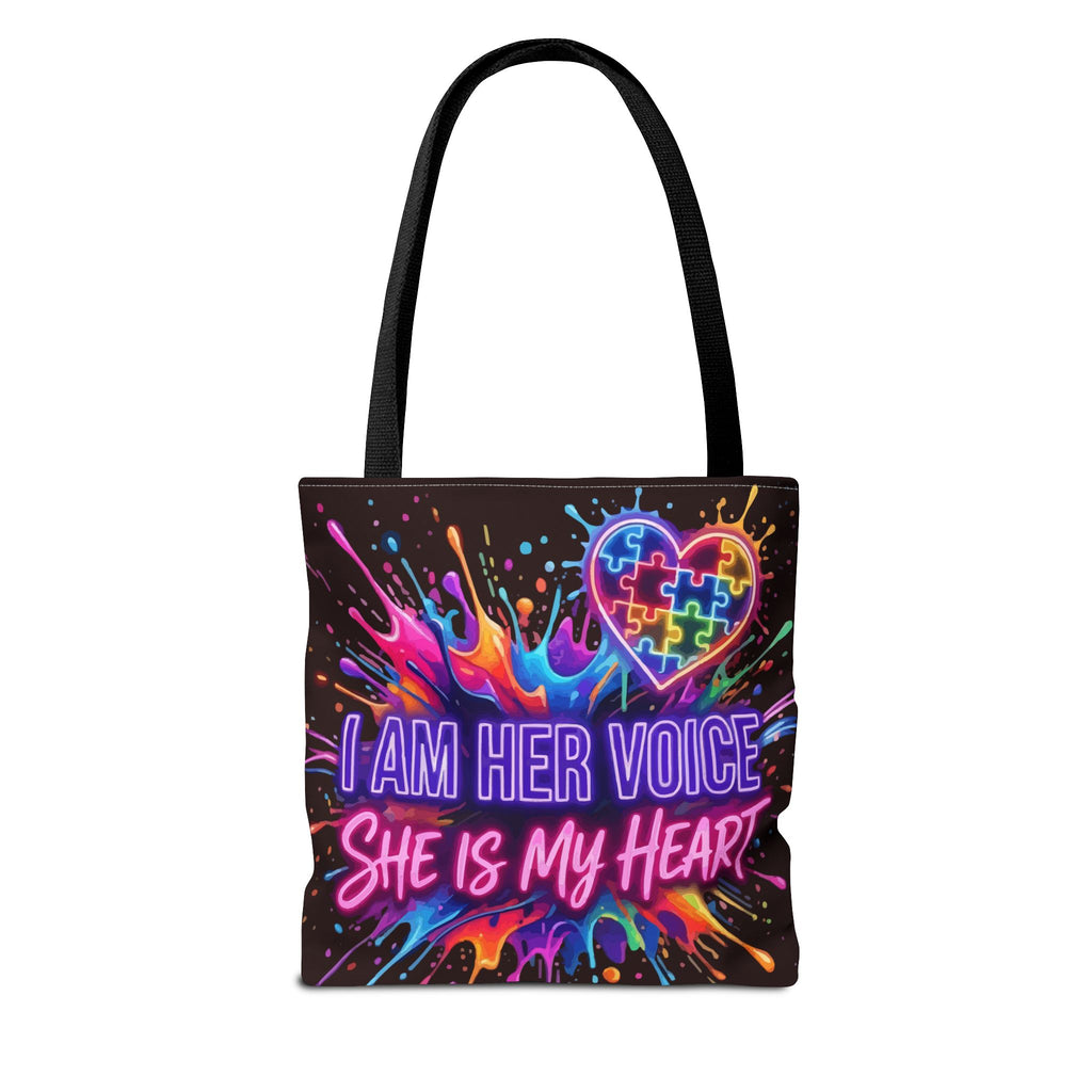 Autism Awareness Tote Bag - "I Am Her Voice, She Is My Heart" Colorful Puzzle Heart Carryall