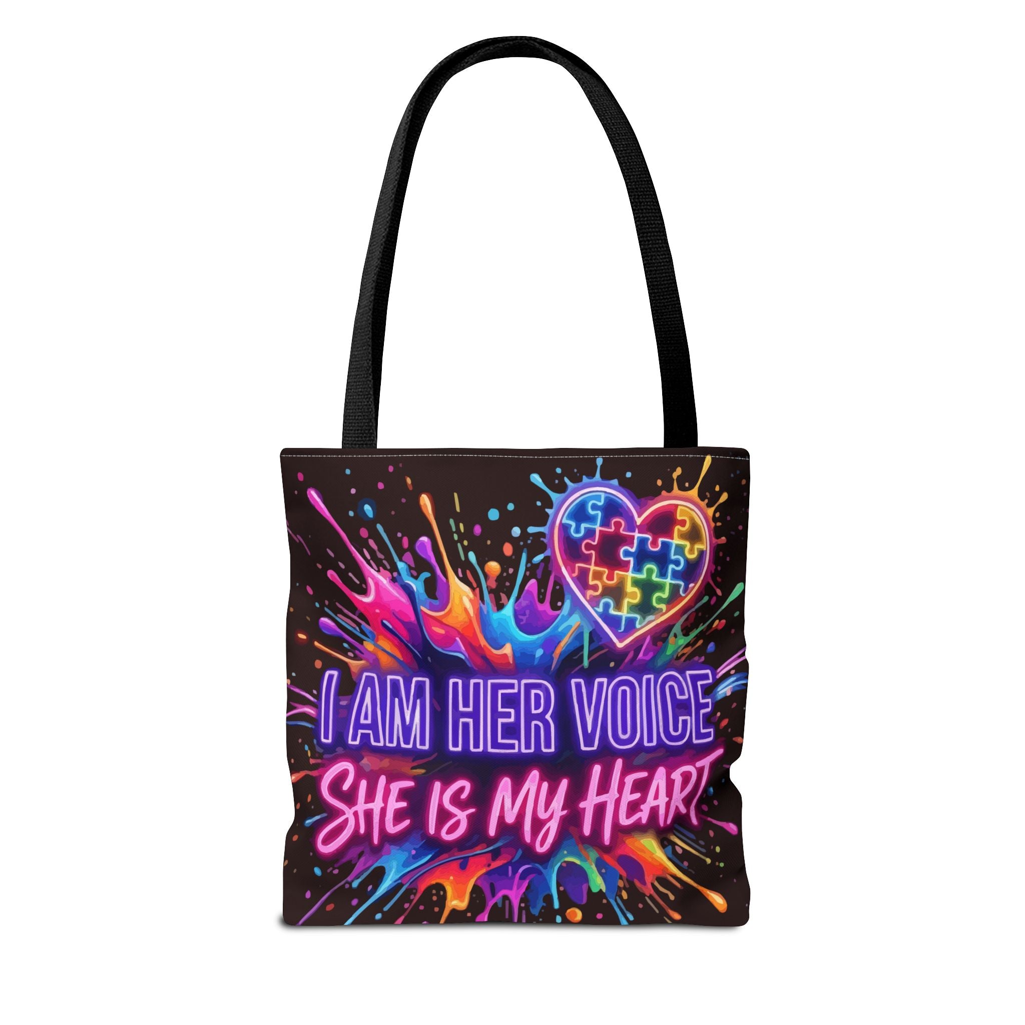 Autism Awareness Tote Bag - "I Am Her Voice, She Is My Heart" Colorful Puzzle Heart Carryall