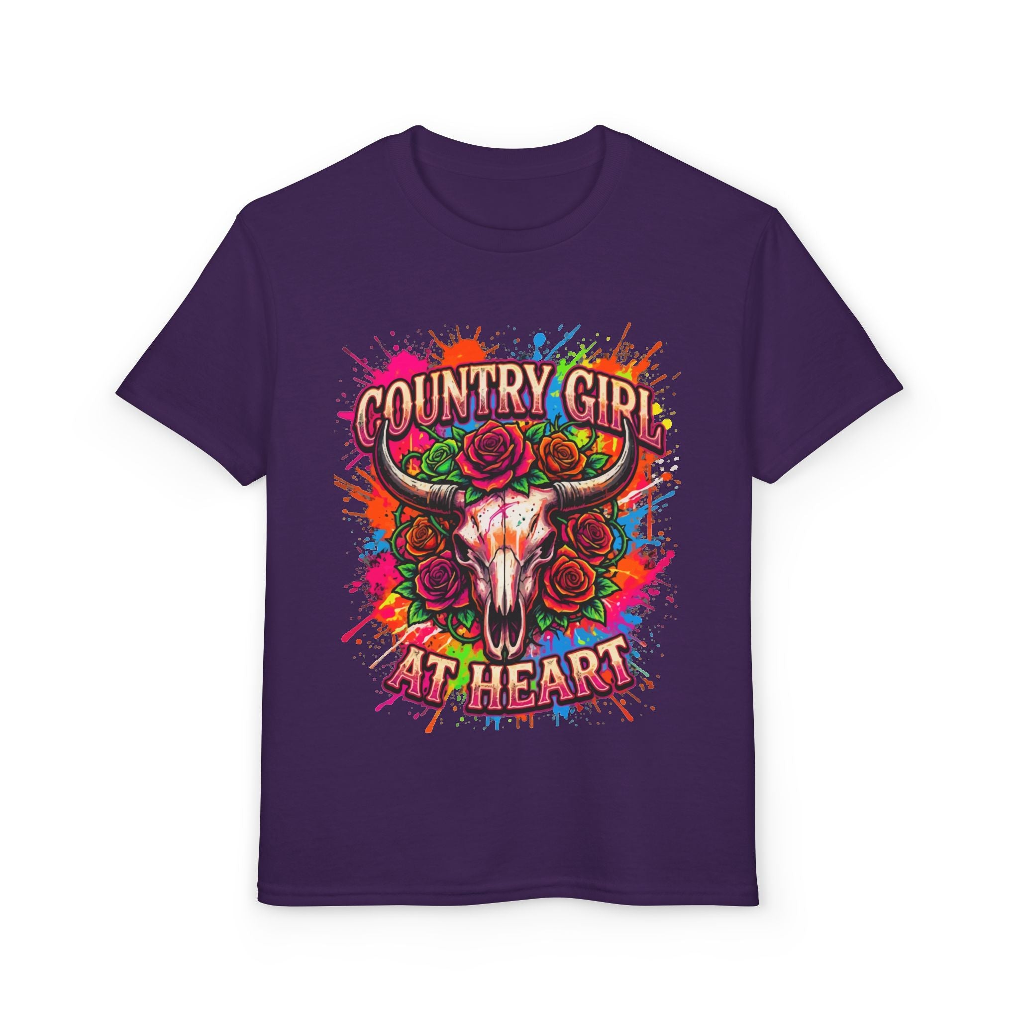 Country Girl At Heart Youth T-Shirt — Colorful Skull & Roses Graphic