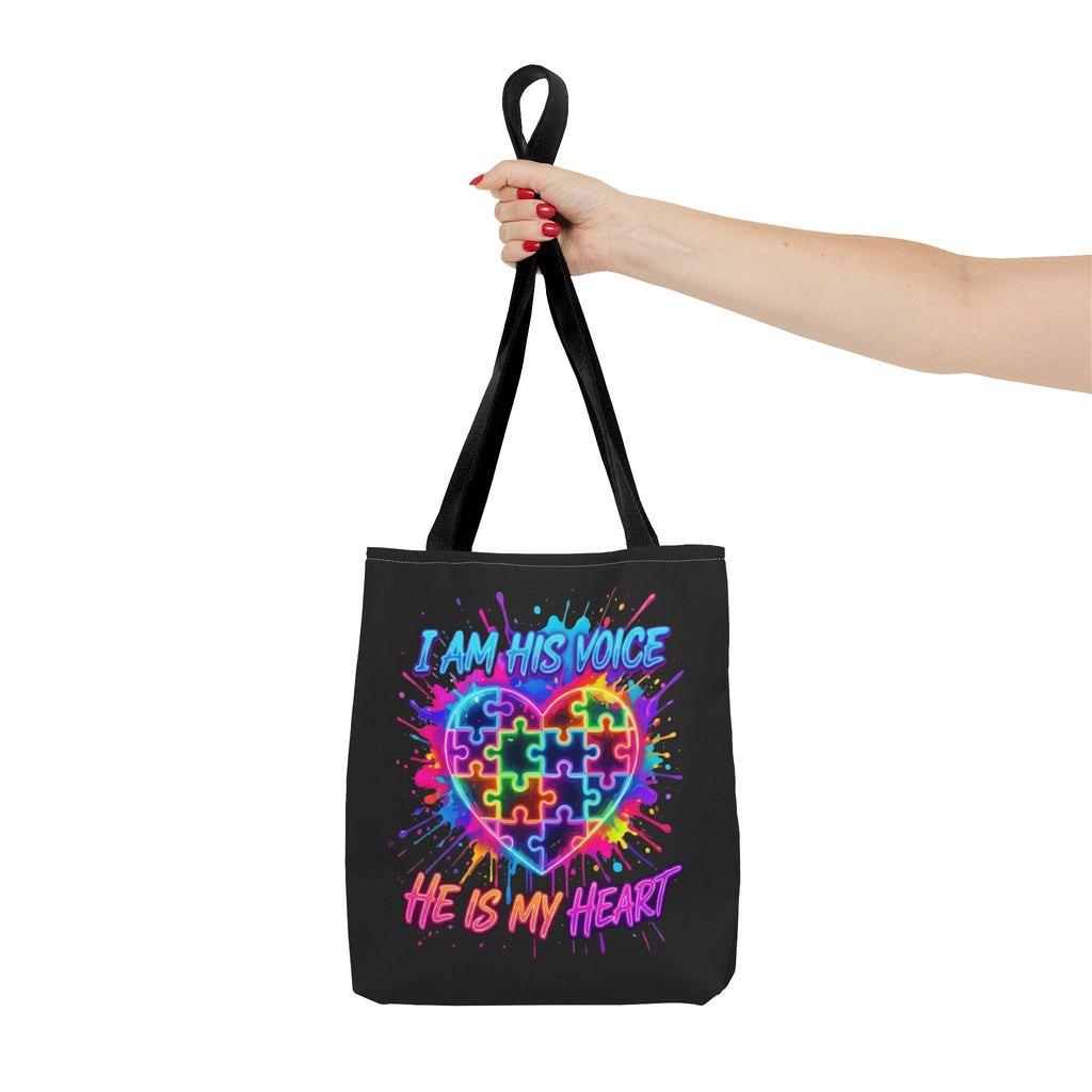 Autism Awareness Tote Bag — "I Am His Voice, He Is My Heart" Colorful Puzzle Heart