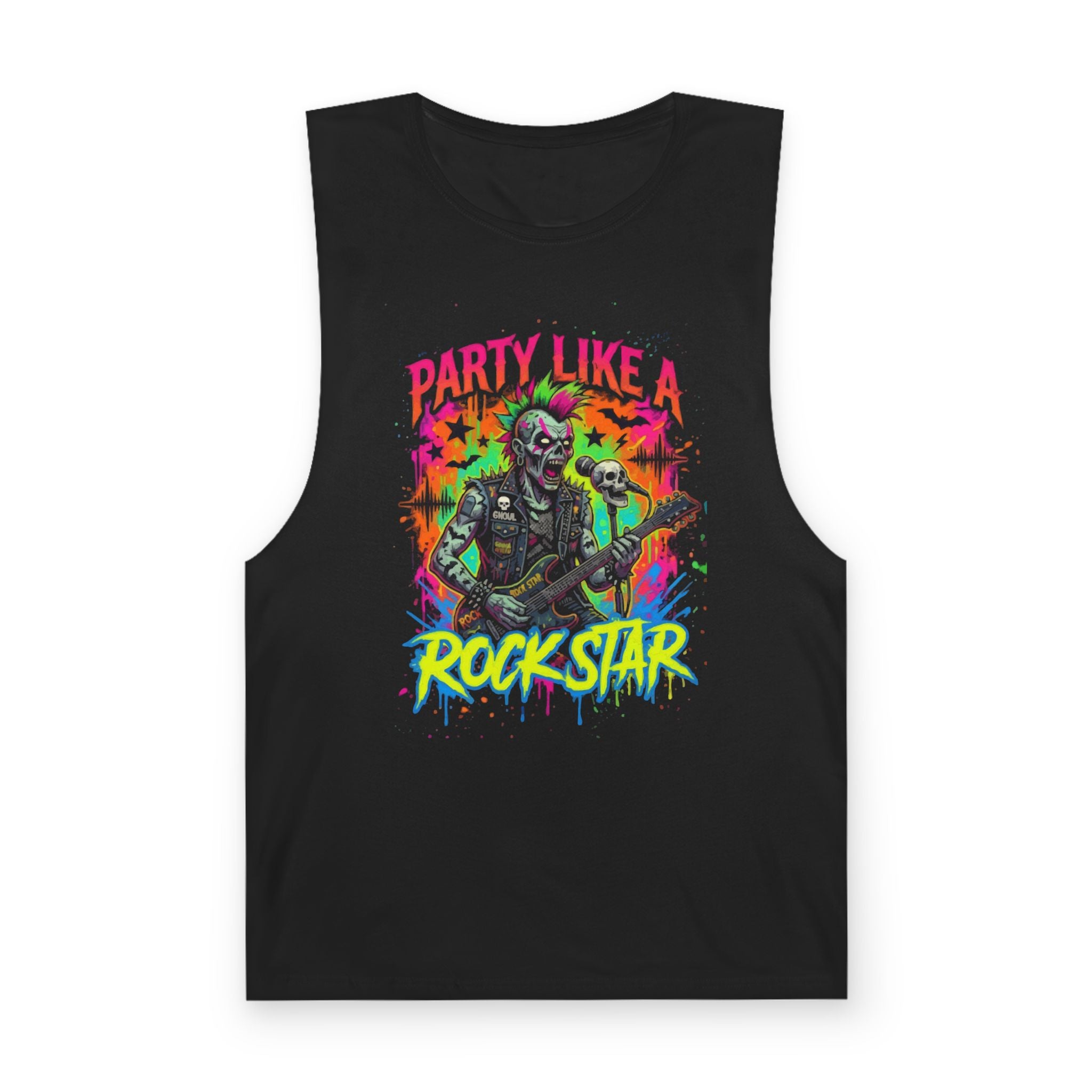 Party Like a Rockstar Tank Top — Neon Skull Guitar Band Muscle Tee
