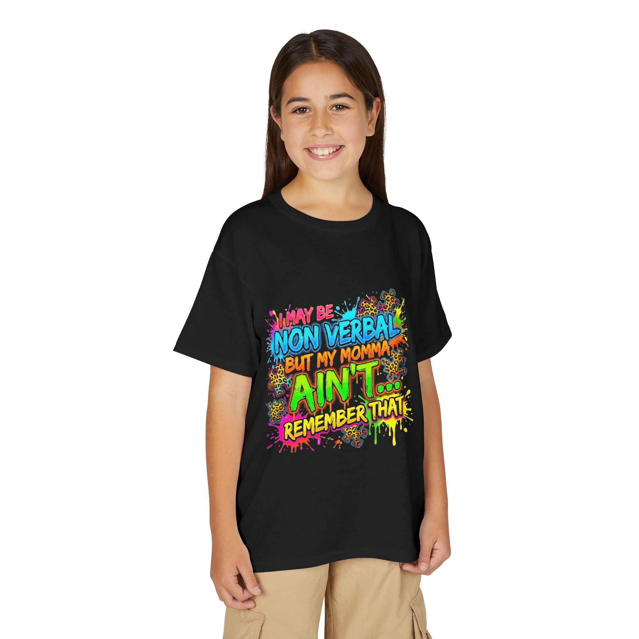Youth T-Shirt — Neon Graffiti "I Maybe Non Verbal but My Momma Ain't Remember That" Graphic Tee