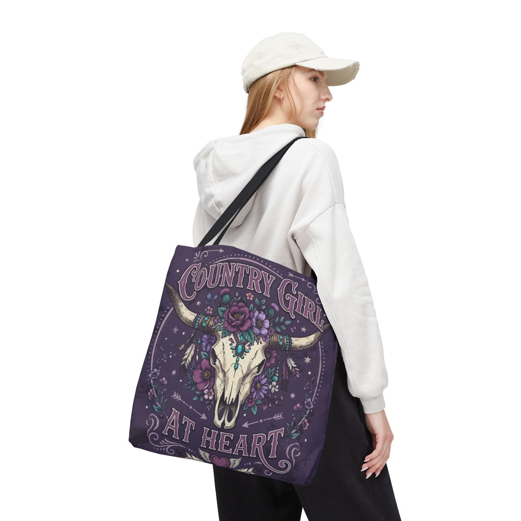Country Girl at Heart Tote Bag — Floral Bull Skull All-Over Print