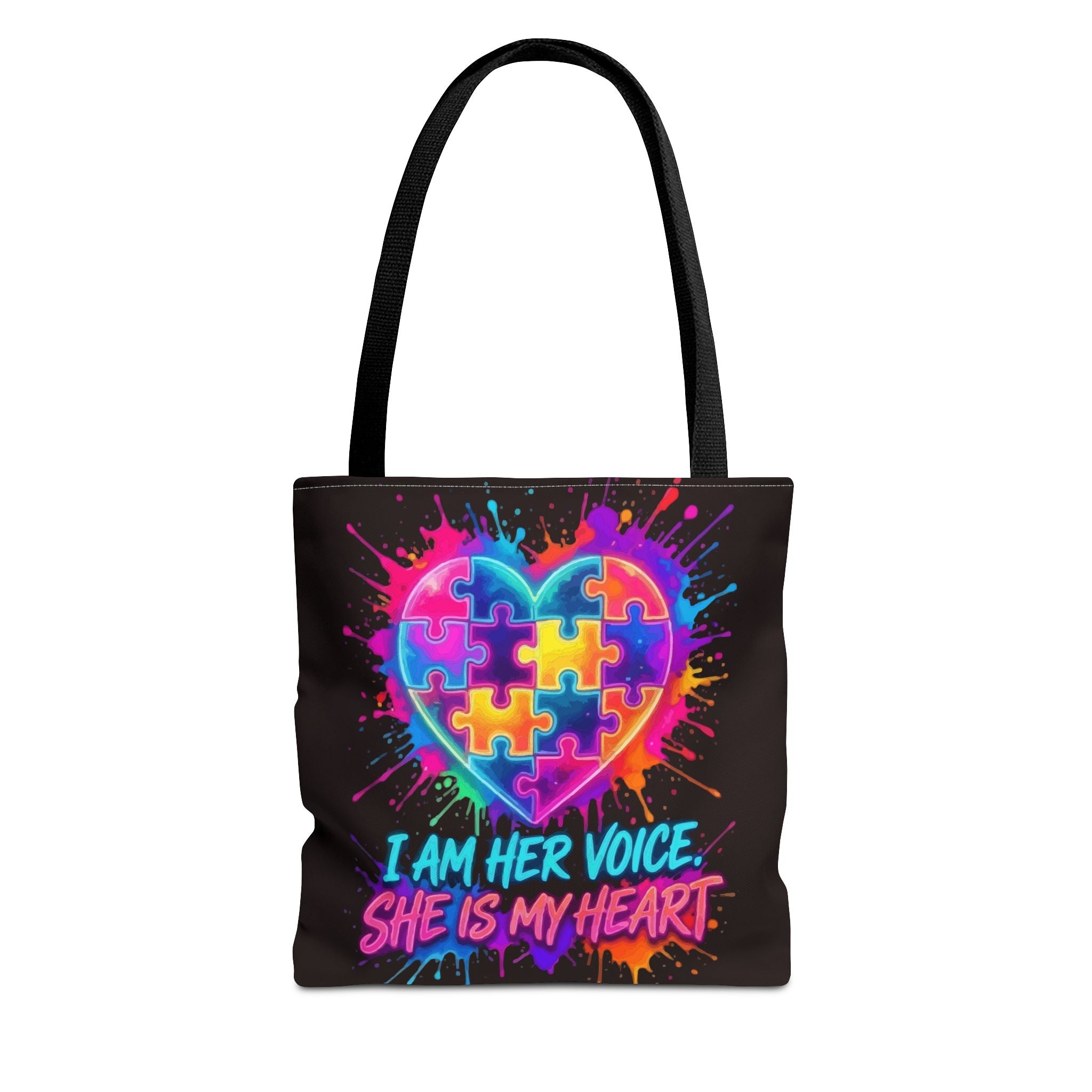 Autism Awareness Heart Tote Bag — "I Am Her Voice, She Is My Heart" Colorful Puzzle Design