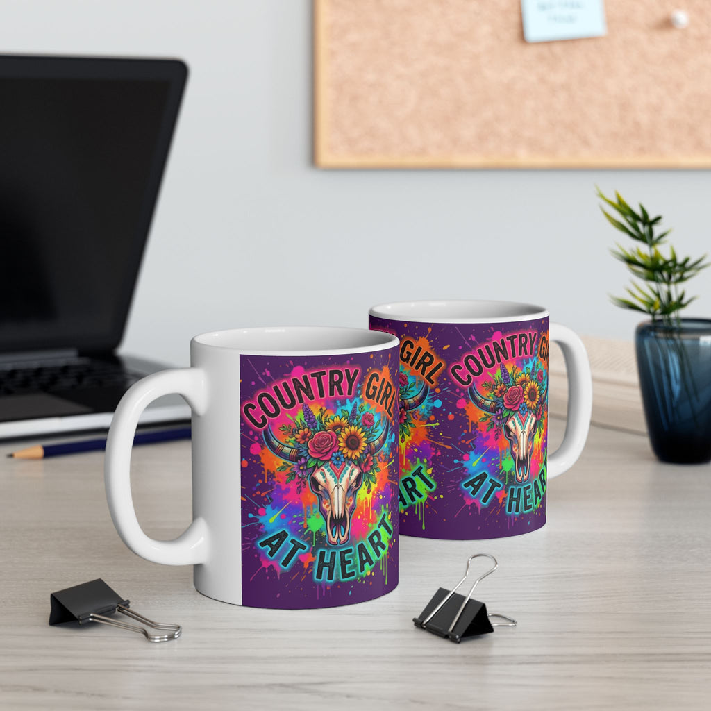 Country Girl At Heart Ceramic Mug — Colorful Floral Cow Skull Coffee Cup (11oz, 15oz)