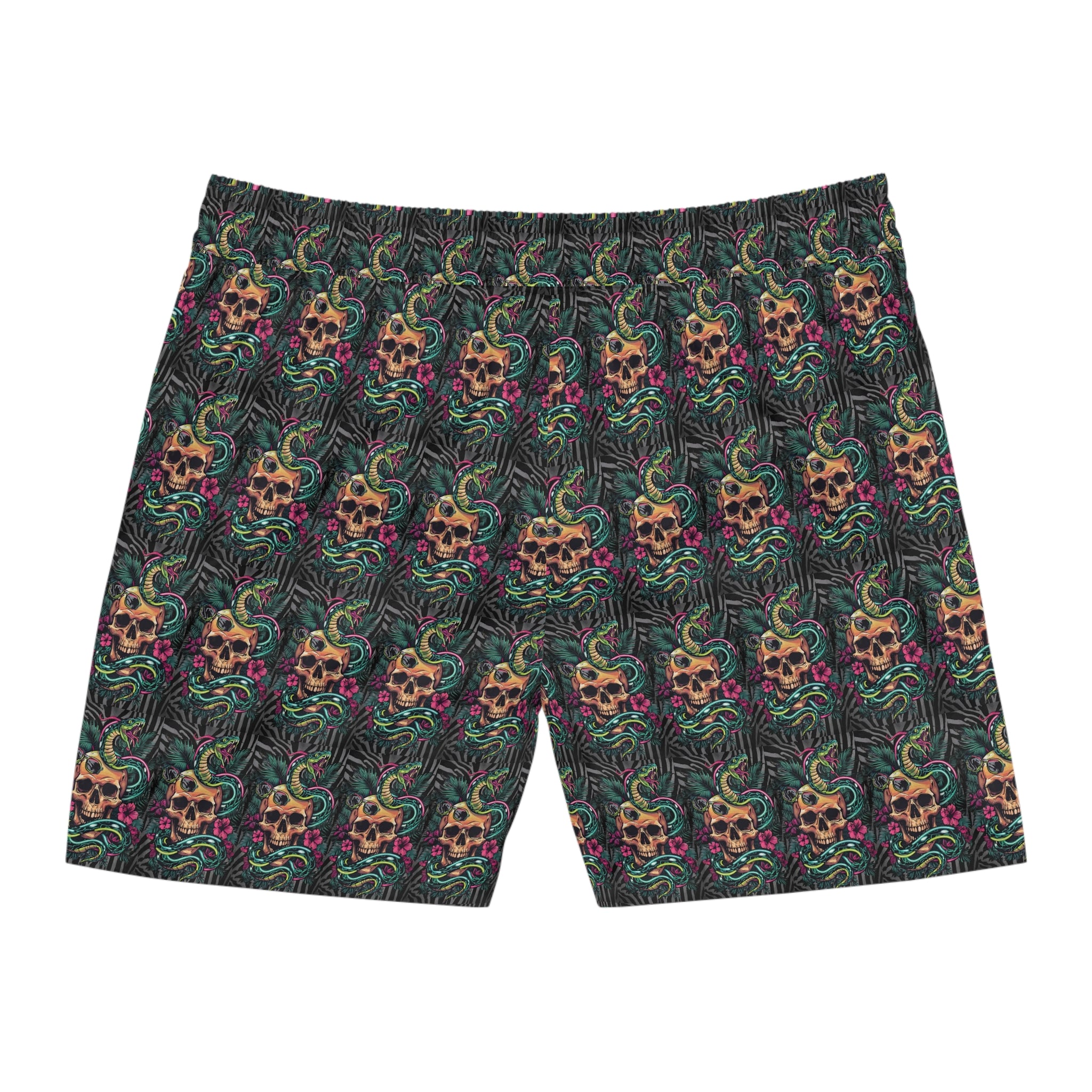Skull & Snake Tropical Swim Shorts — Men's Mid-Length Beach Trunks