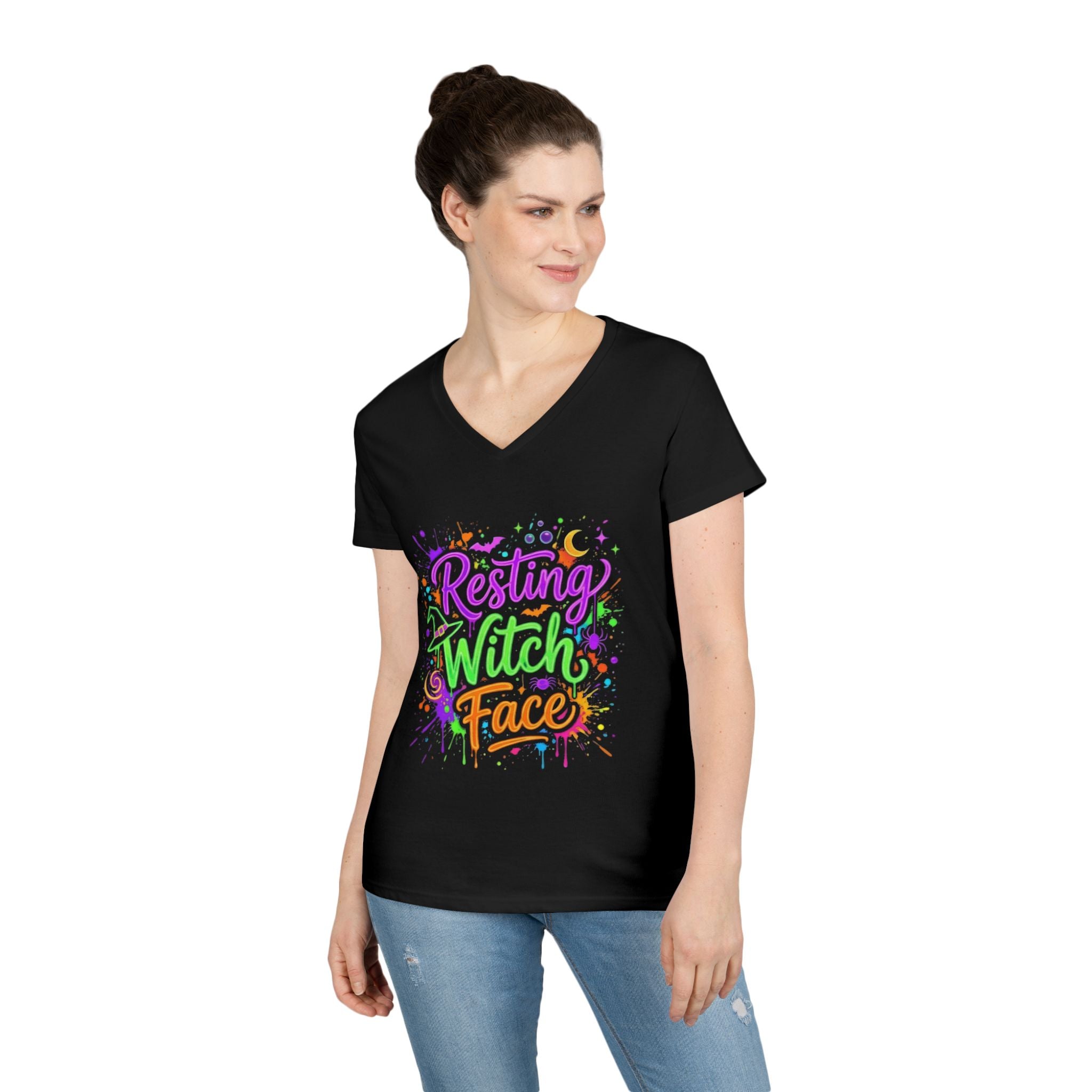 Resting Witch Face Ladies' V-Neck T-Shirt — Halloween Witch Graphic Tee