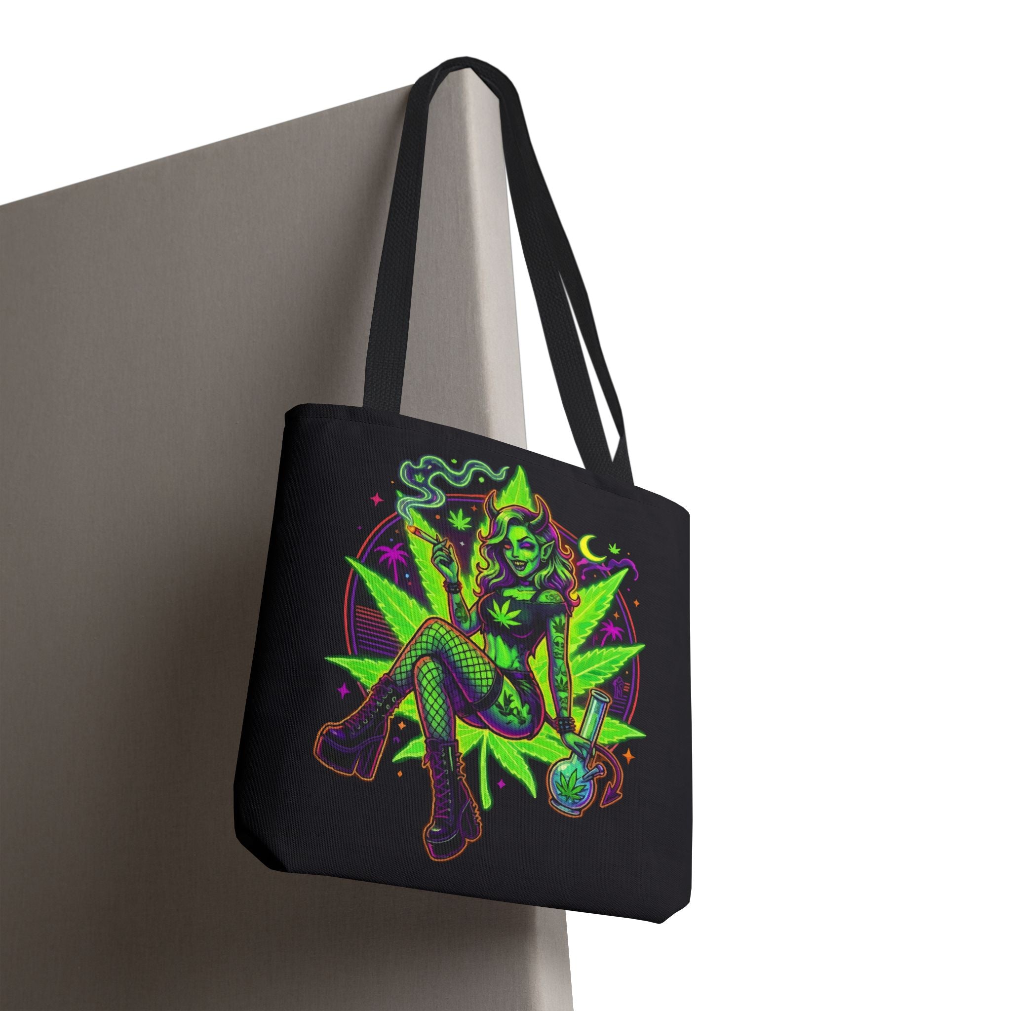 Psychedelic Witch Tote Bag — Neon Cannabis Pinup All-Over Print