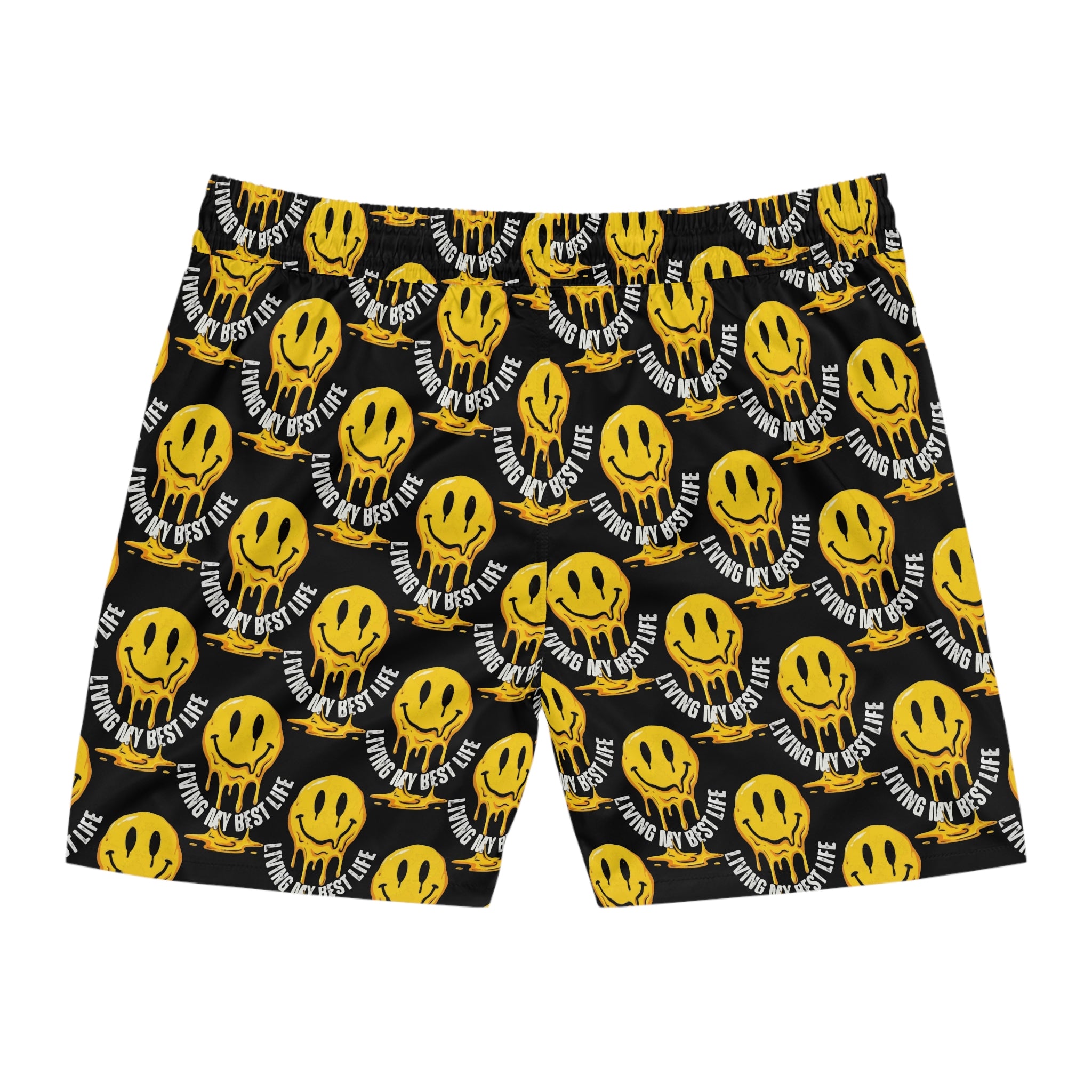 Men's Swim Shorts — Yellow Melting Smiley "Living My Best Life" All-Over Print
