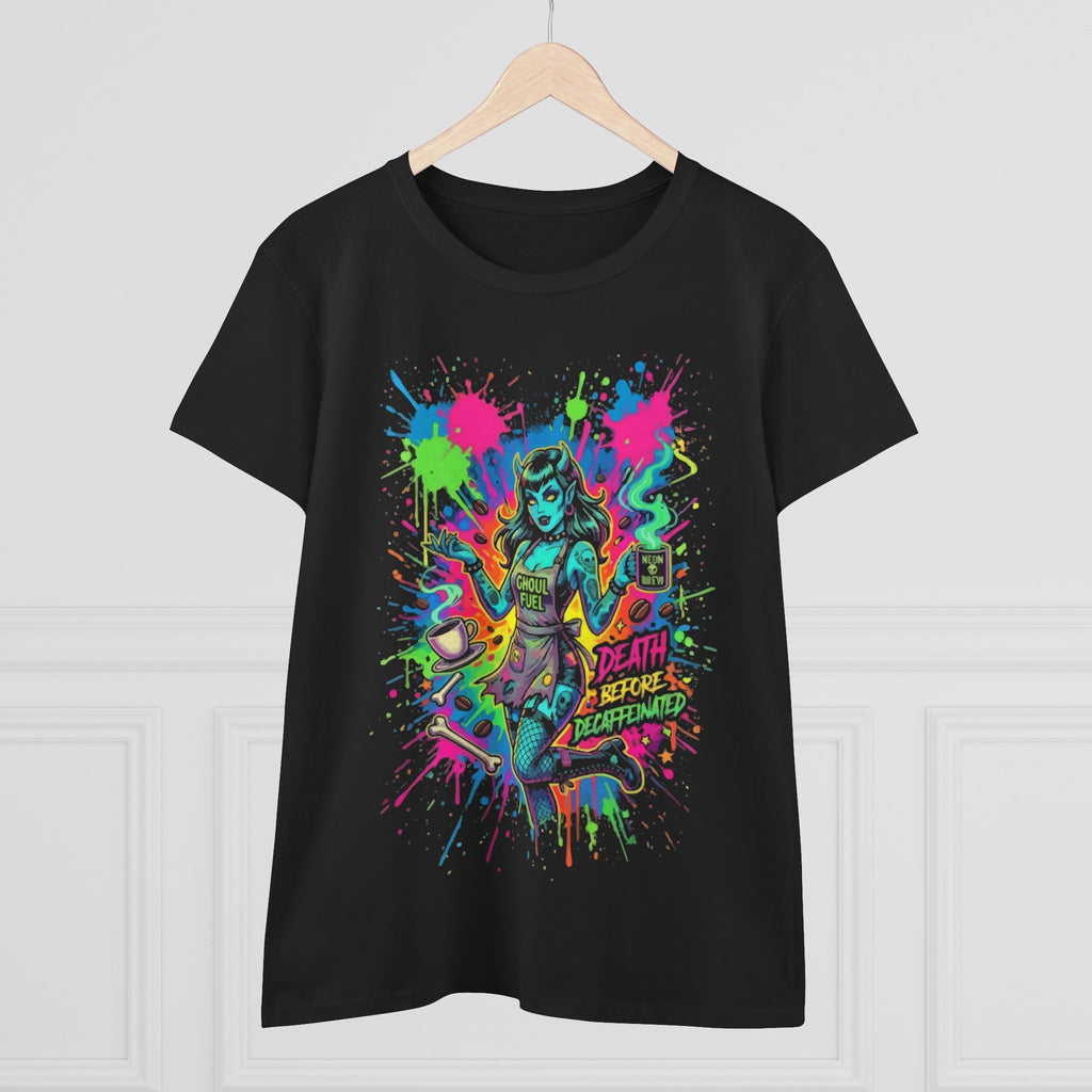 Neon Zombie Girl Graphic Tee — "Death Before Decaf" Punk Rock Women's T-Shirt