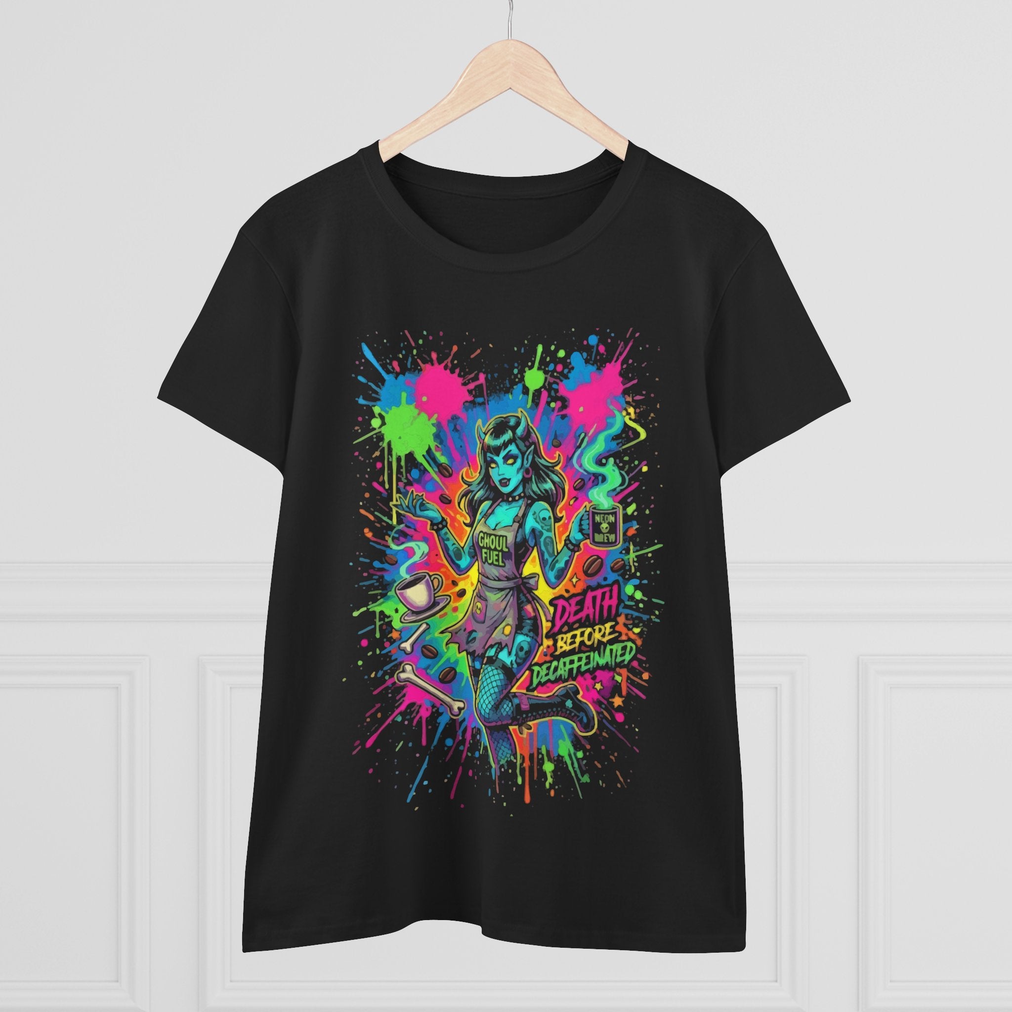 Neon Zombie Girl Graphic Tee — "Death Before Decaf" Punk Rock Women's T-Shirt
