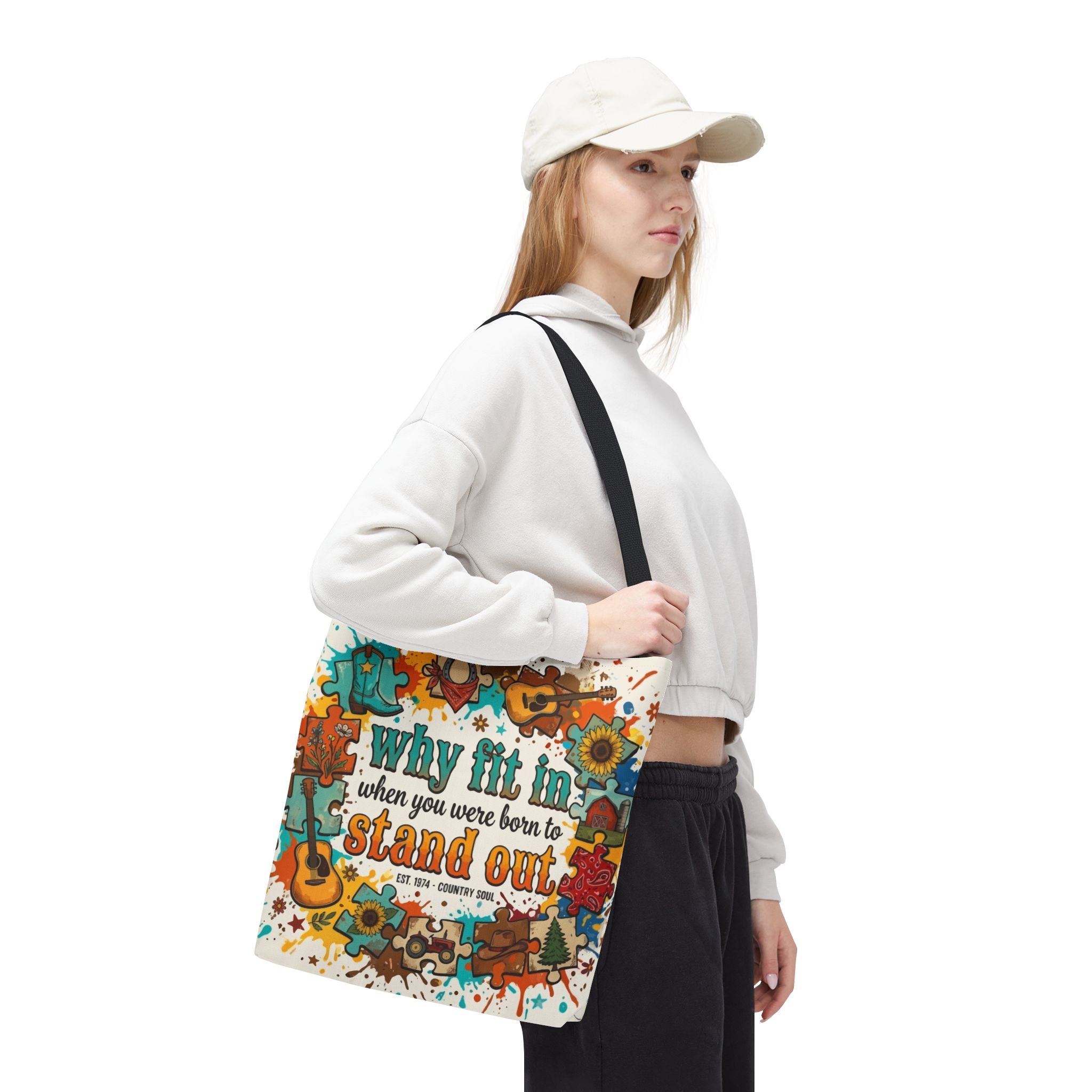 Stand Out Tote Bag — "Why Fit In When You Were Born to Stand Out" Colorful Boho Guitar Design