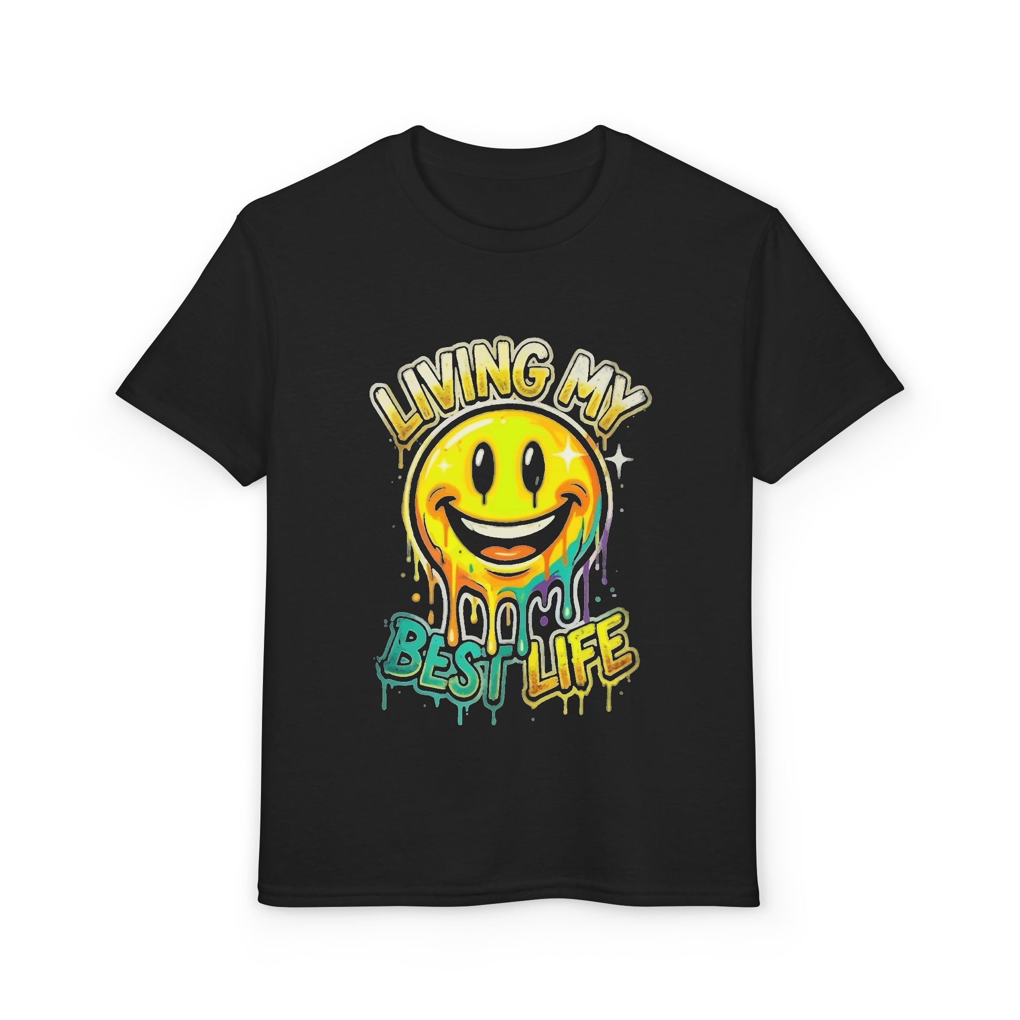 Youth Smiley Drip T-Shirt — "Living My Best Life" Graphic Tee