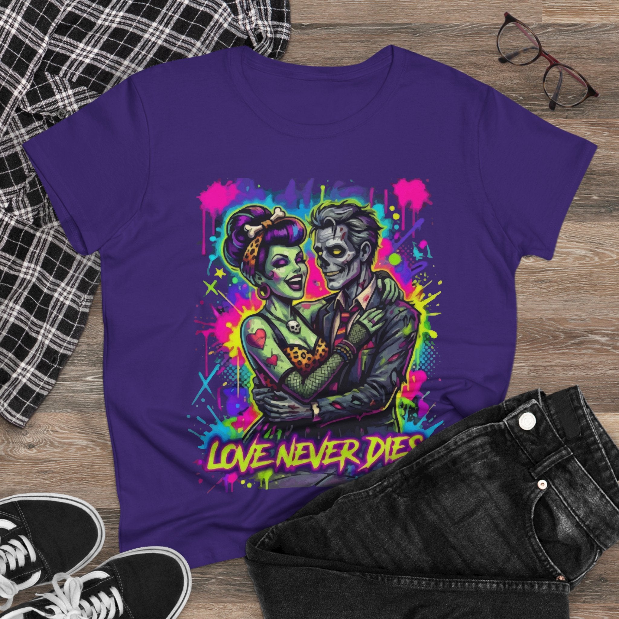 Women's Tee — Neon Zombie Couple "Love Never Dies" Graphic