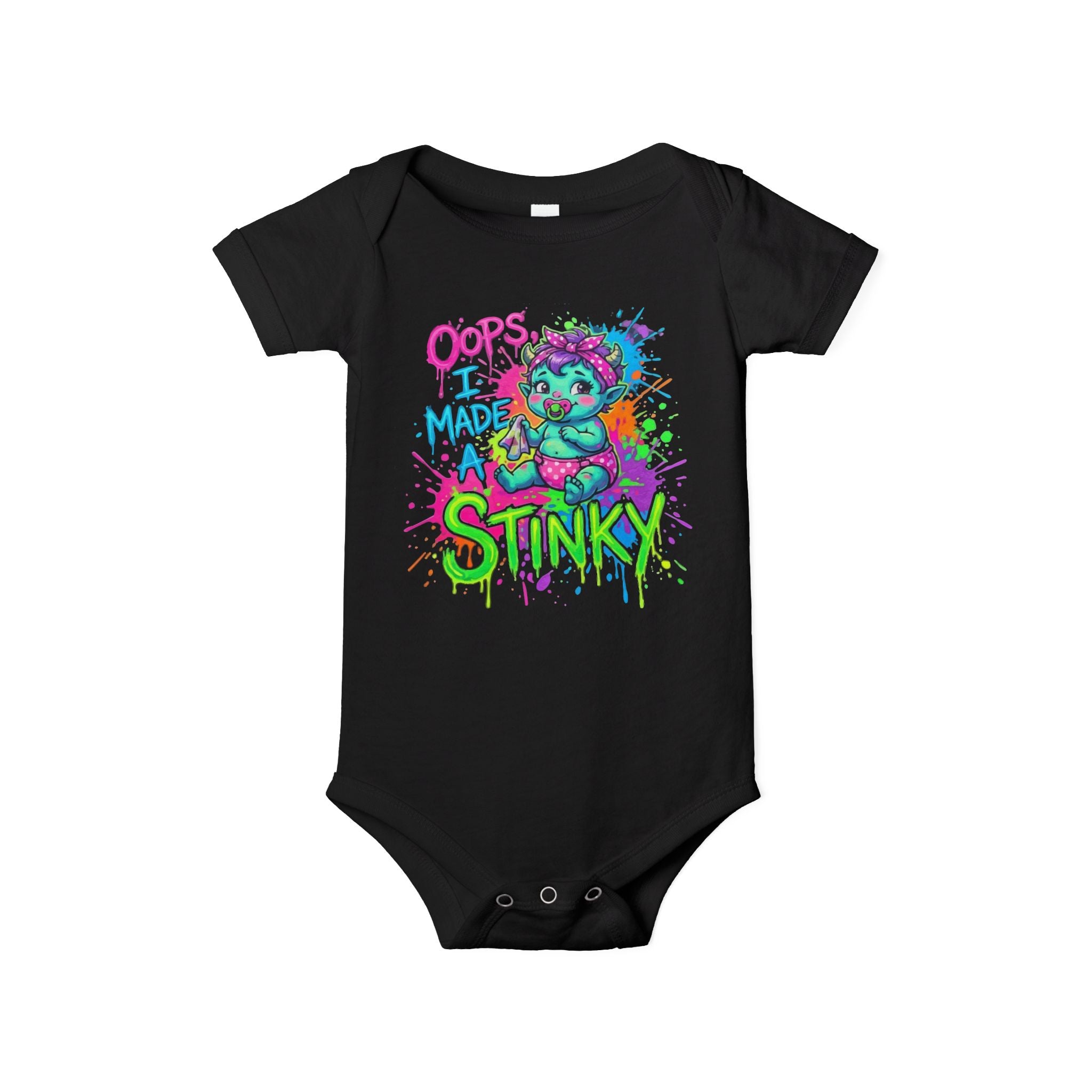 Infant Onesie — "Oops I Made Stinky" Colorful Monster Baby Bodysuit