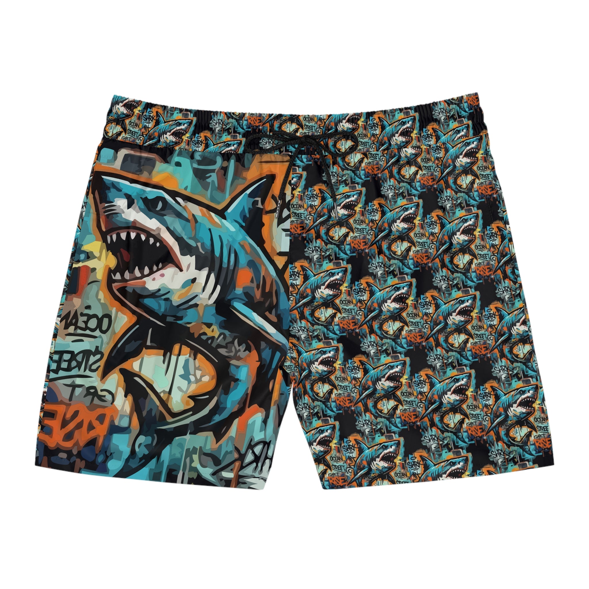 Graffiti Shark Swim Shorts — Men's Mid-Length Beach Trunks