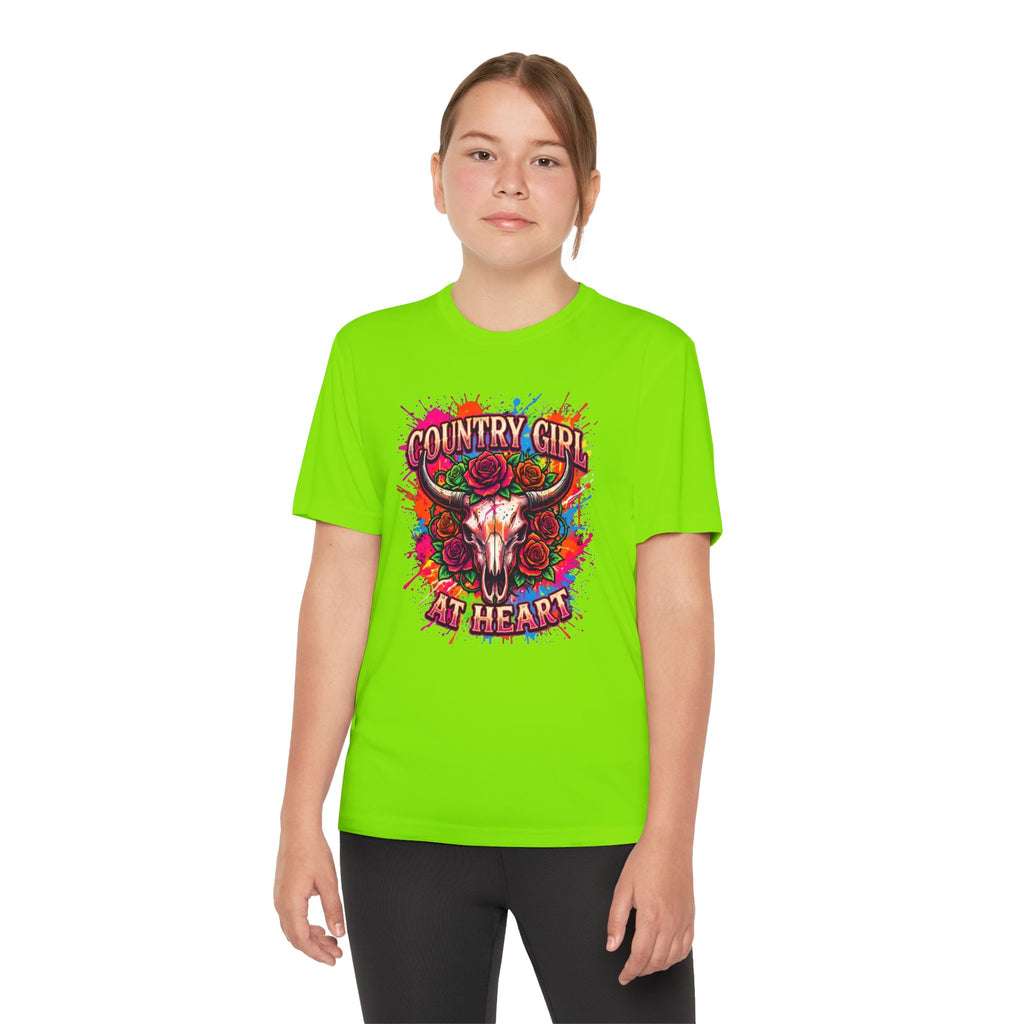 Youth T-Shirt — "Country Girl at Heart" Floral Bull Skull Graphic