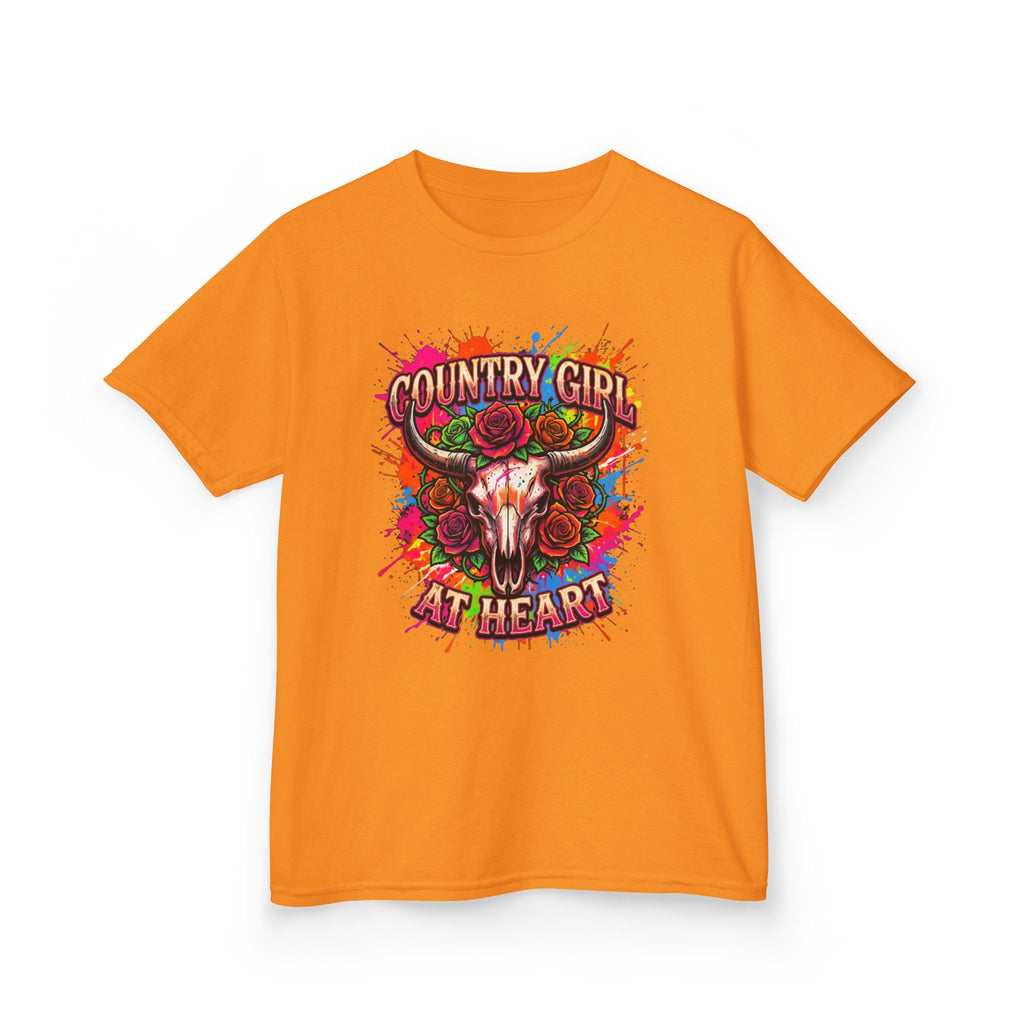 Kids T-Shirt — "Country Girl at Heart" Colorful Cow Skull Tee