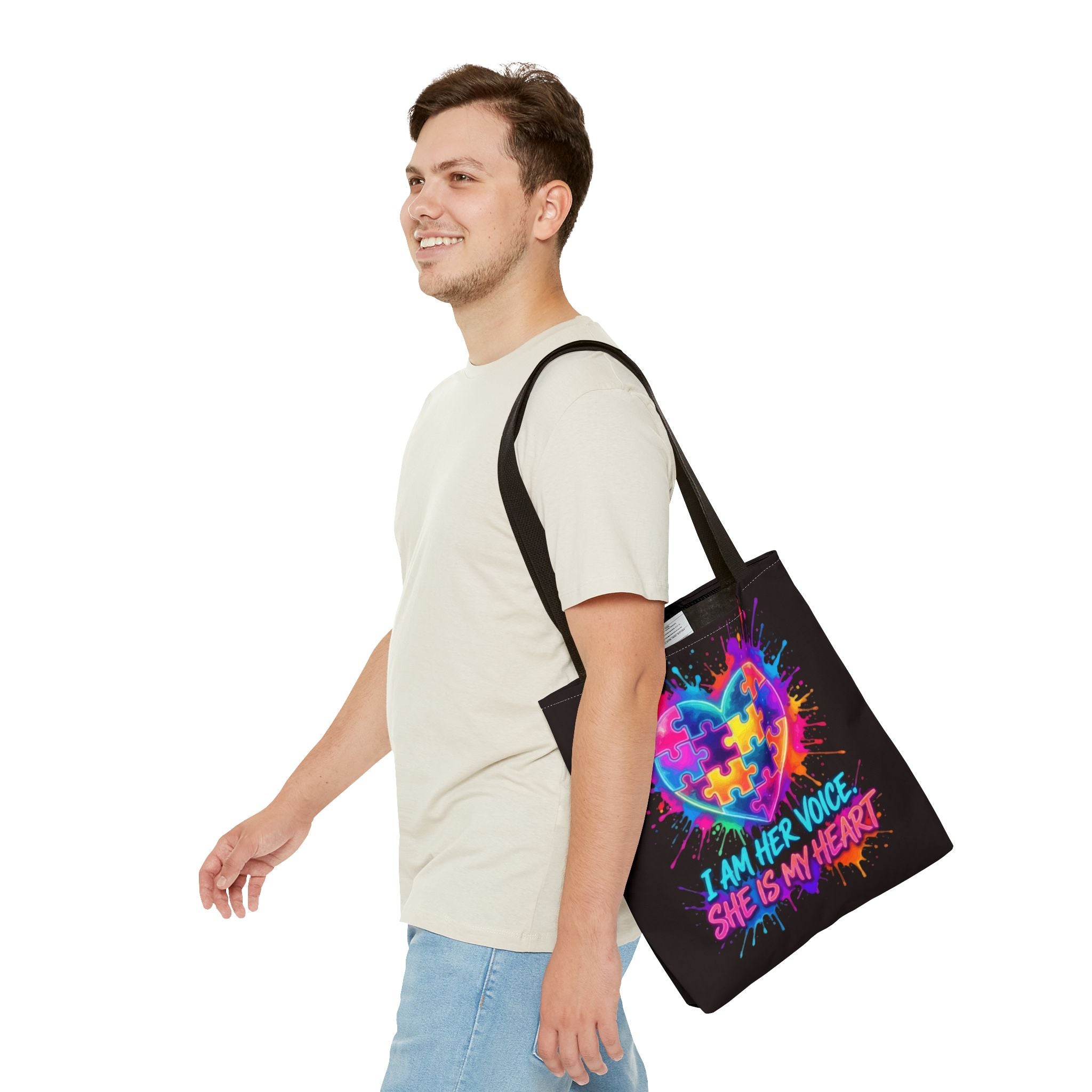 Autism Awareness Heart Tote Bag — "I Am Her Voice, She Is My Heart" Colorful Puzzle Design