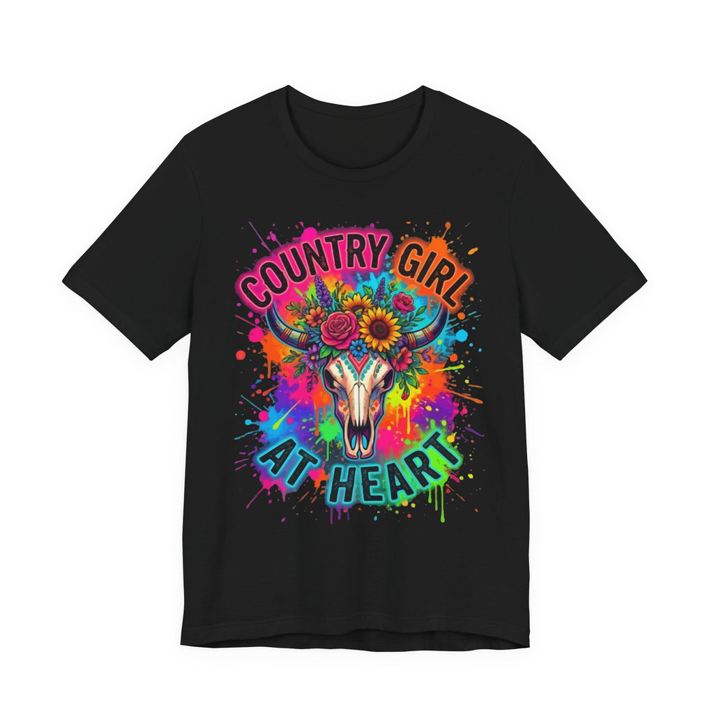 Country Girl At Heart Graphic Tee — Floral Cow Skull Colorful Western T-Shirt