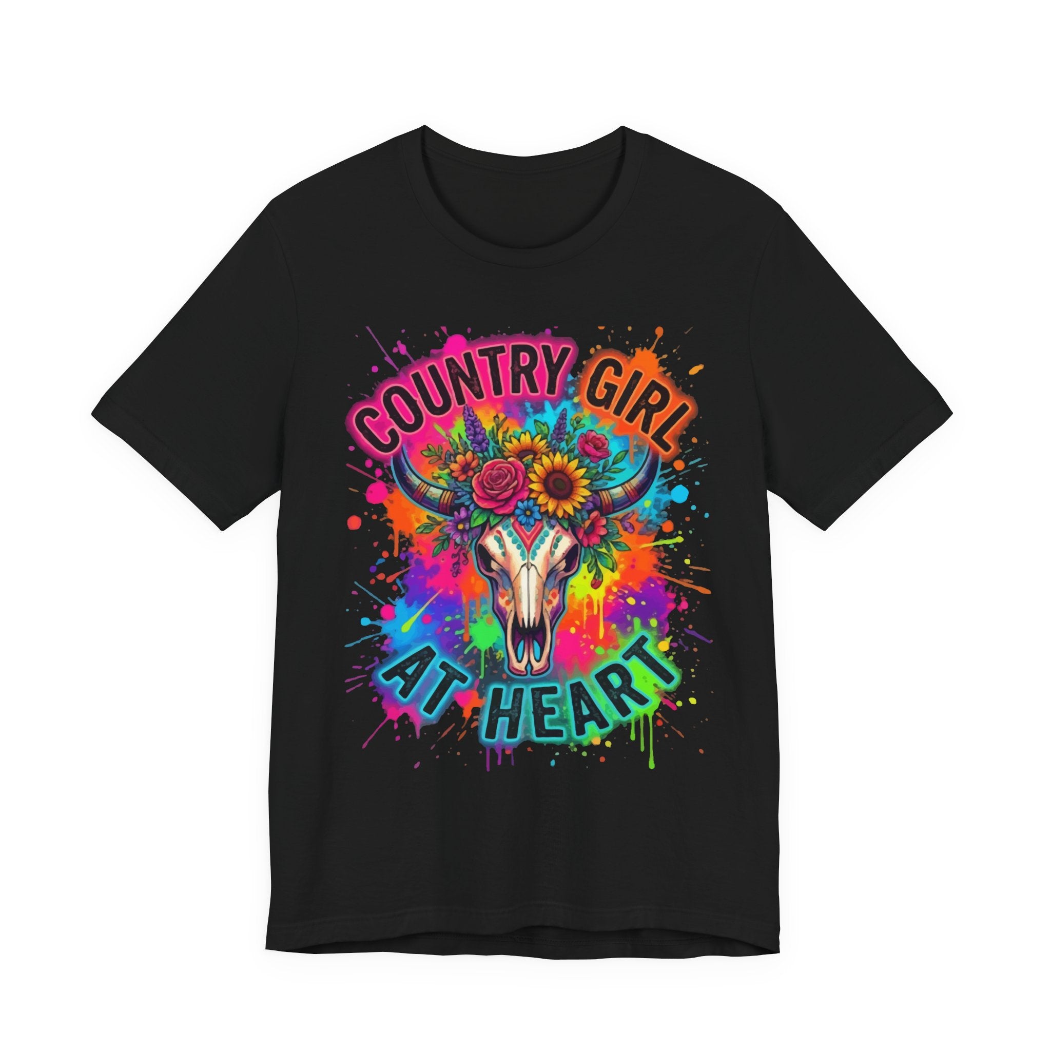 Country Girl At Heart Graphic Tee — Floral Cow Skull Colorful Western T-Shirt