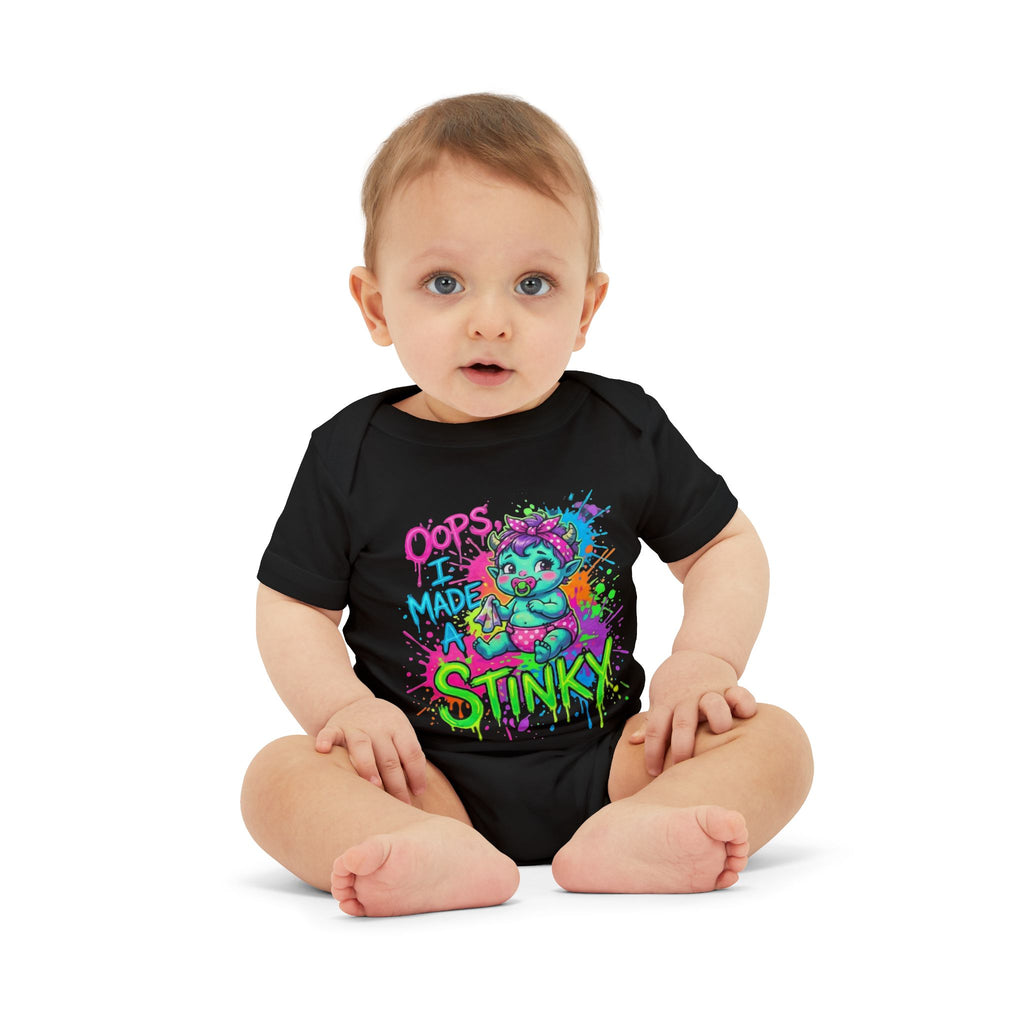 Infant Onesie — "Oops I Made Stinky" Colorful Monster Baby Bodysuit