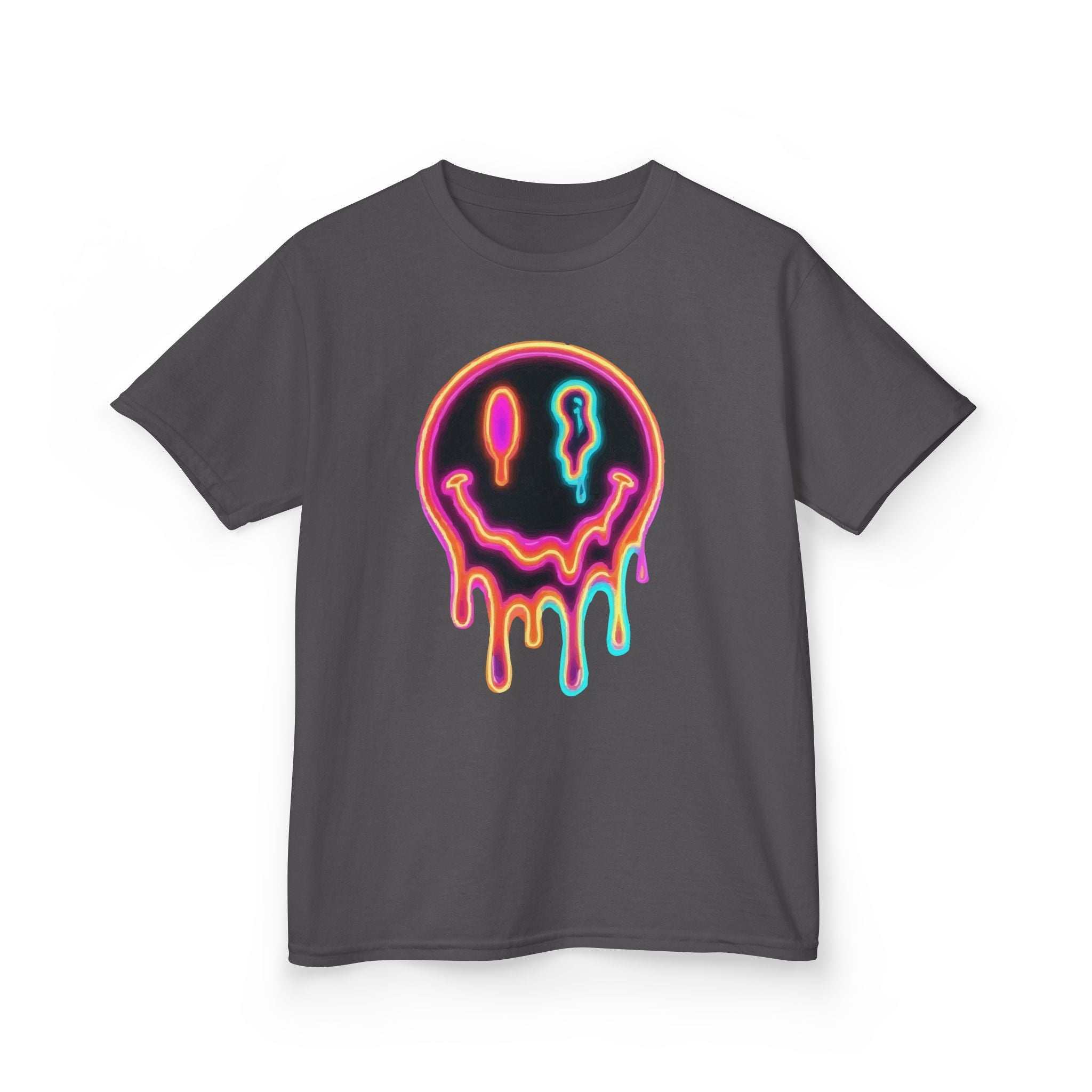 Kids Neon Drip Smiley T-Shirt — Colorful Melting Emoji Tee for Boys & Girls