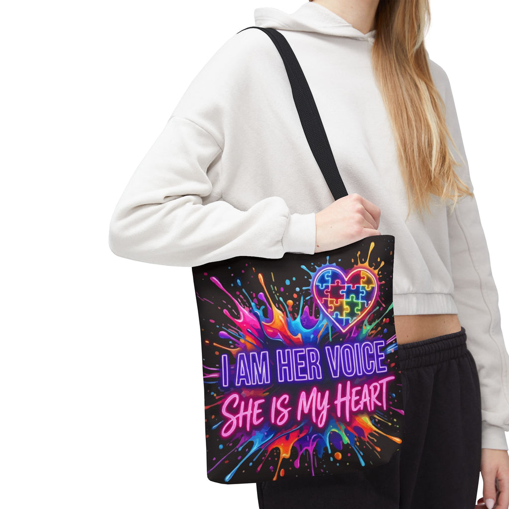 Autism Awareness Tote Bag - "I Am Her Voice, She Is My Heart" Colorful Puzzle Heart Carryall