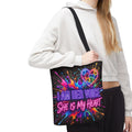 Autism Awareness Tote Bag - "I Am Her Voice, She Is My Heart" Colorful Puzzle Heart Carryall