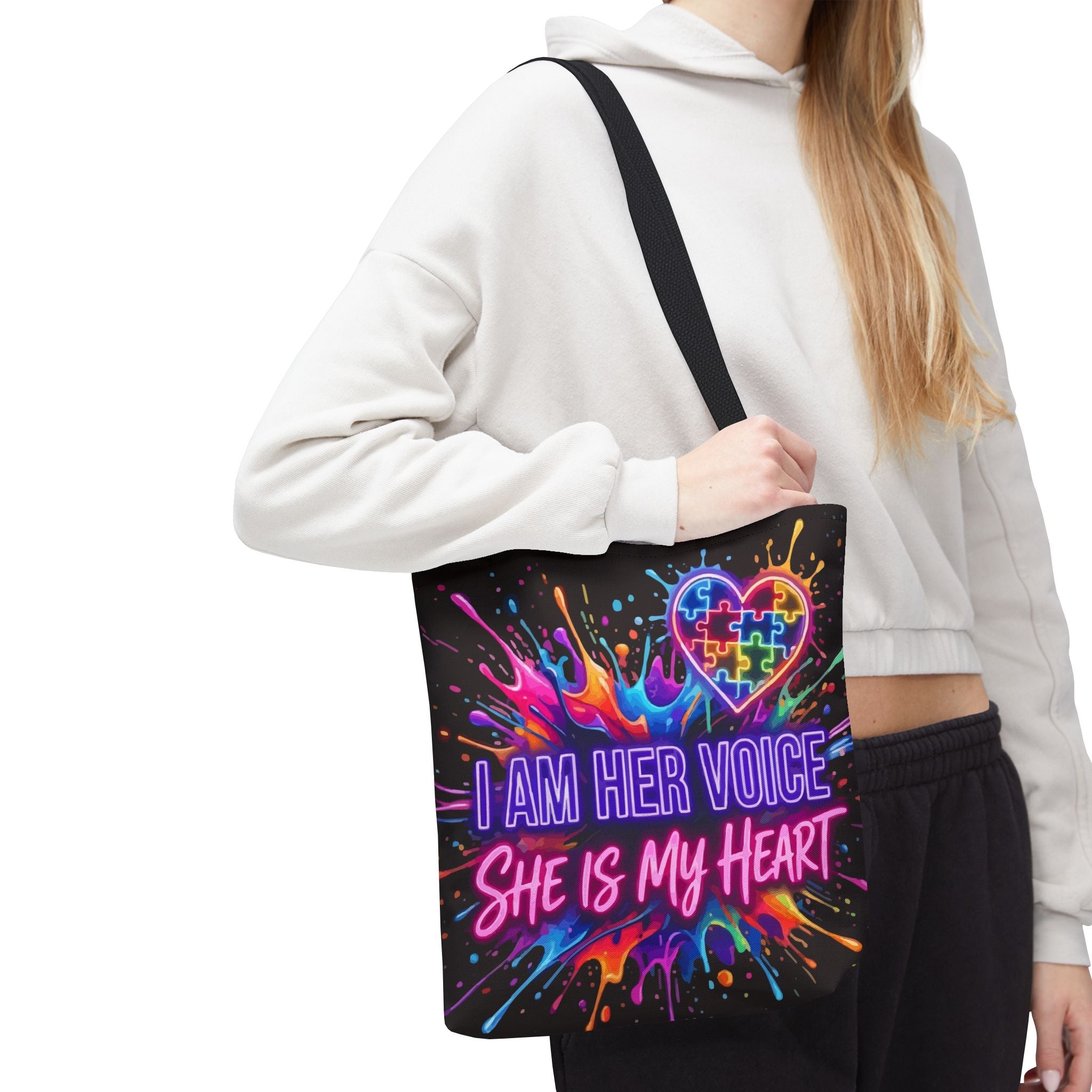 Autism Awareness Tote Bag - "I Am Her Voice, She Is My Heart" Colorful Puzzle Heart Carryall